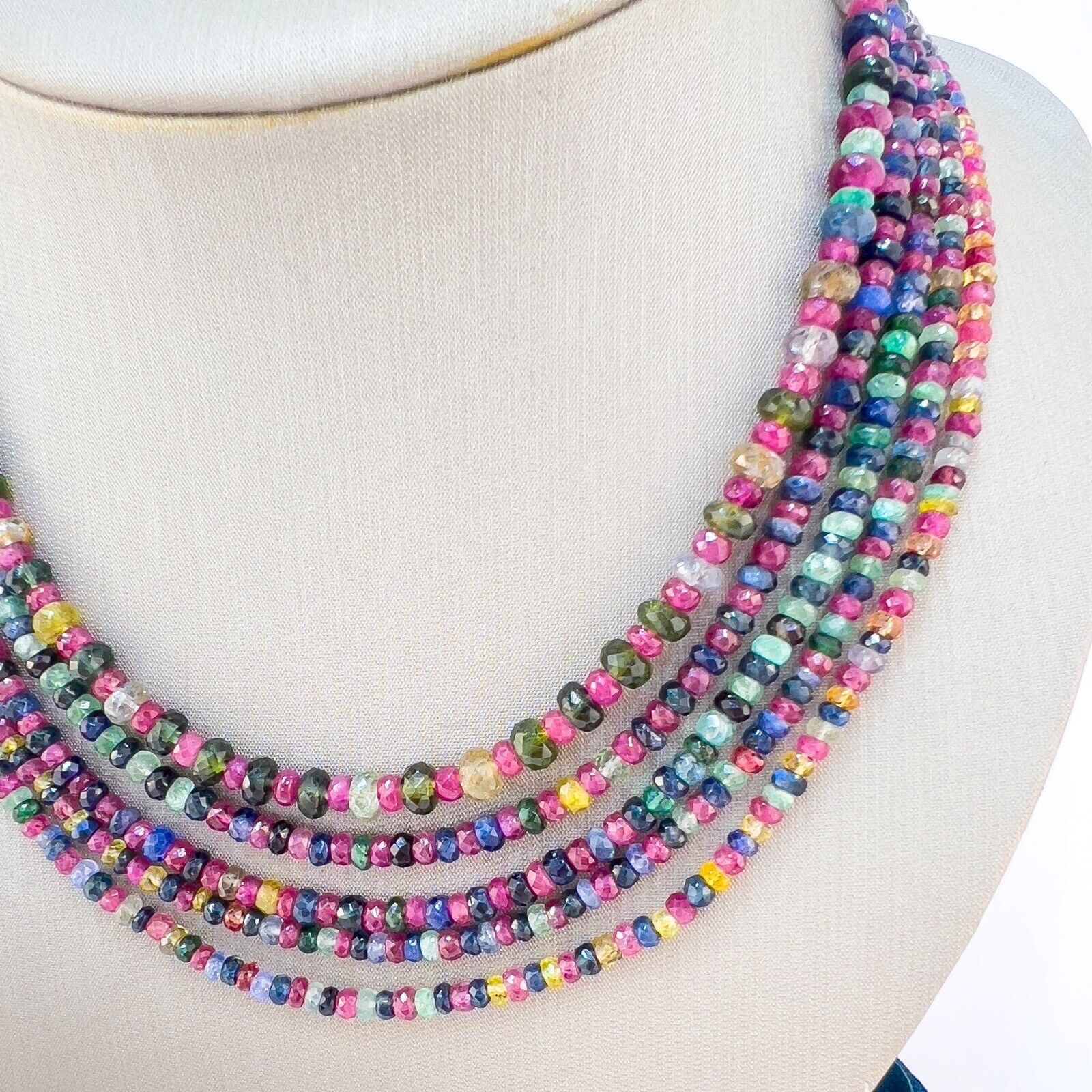 Genuine Multicolor Sapphire, Ruby & Emerald 14K Yellow Gold Necklace, New 82"