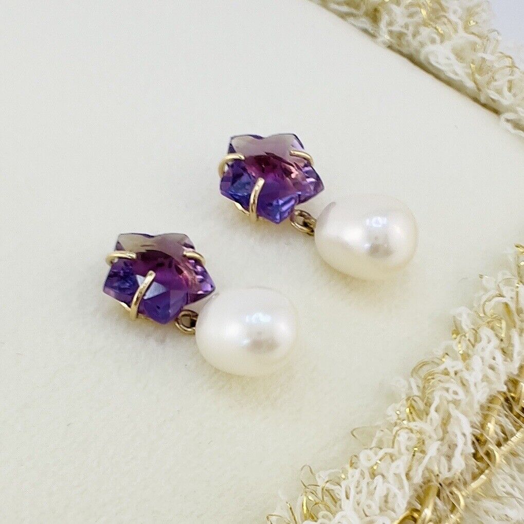 Solid 14k Yellow Gold Genuine Amethyst Star & Pearl Dangle/Drop Earrings, New