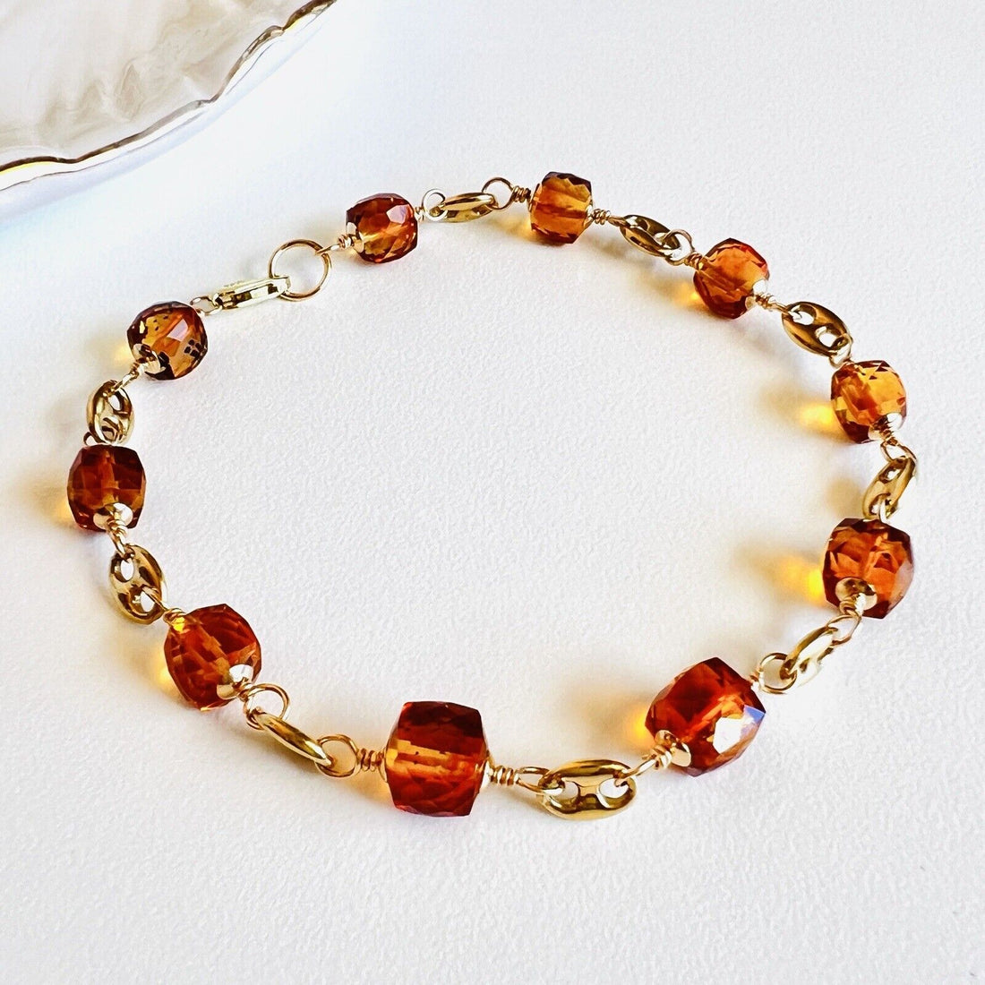 Solid 14k Yellow Gold Genuine Citrine Cube Station Bracelet, New 8.25”