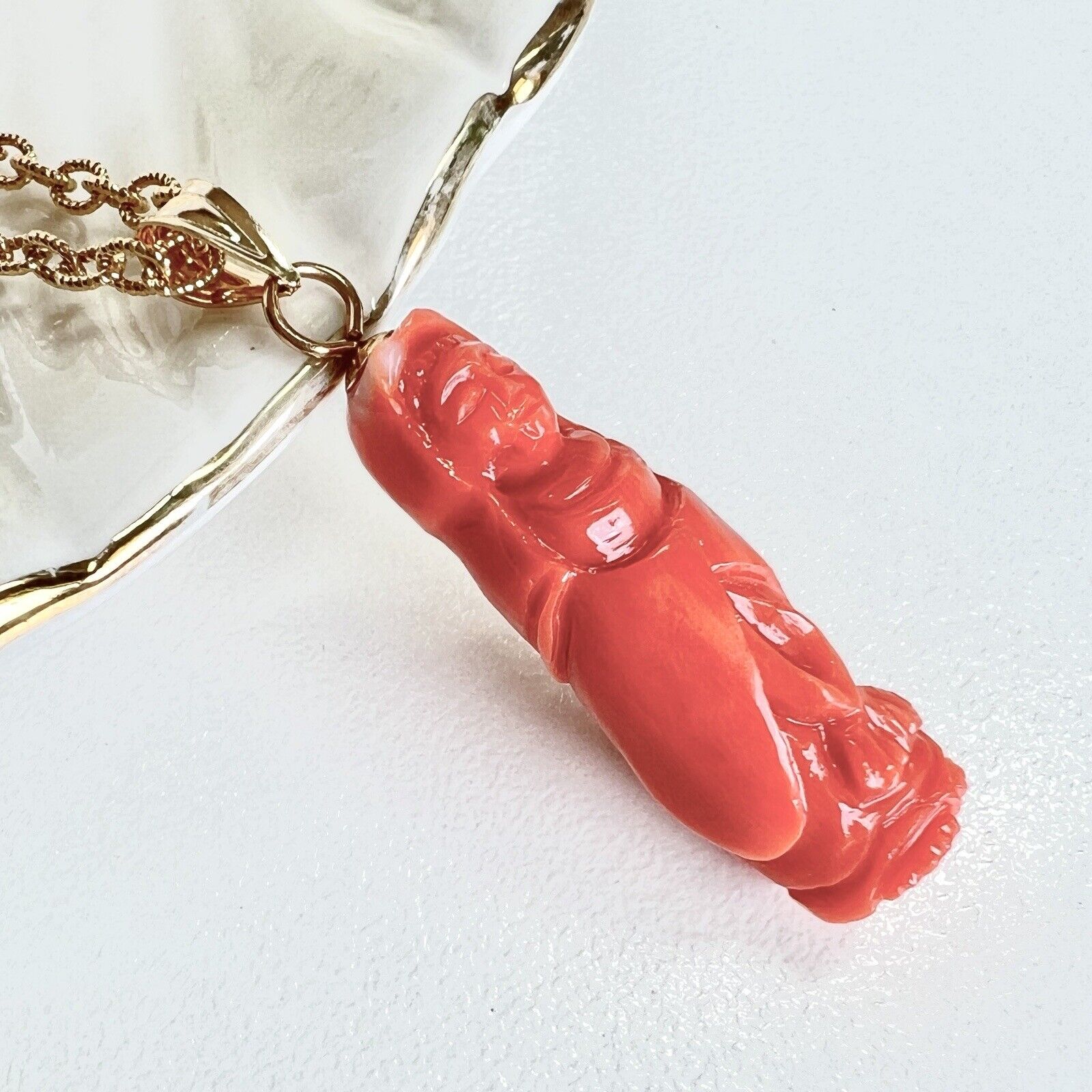 Natural Dark Salmon Guanyin (17ct) Solid 14k Yellow Gold Pedant, New