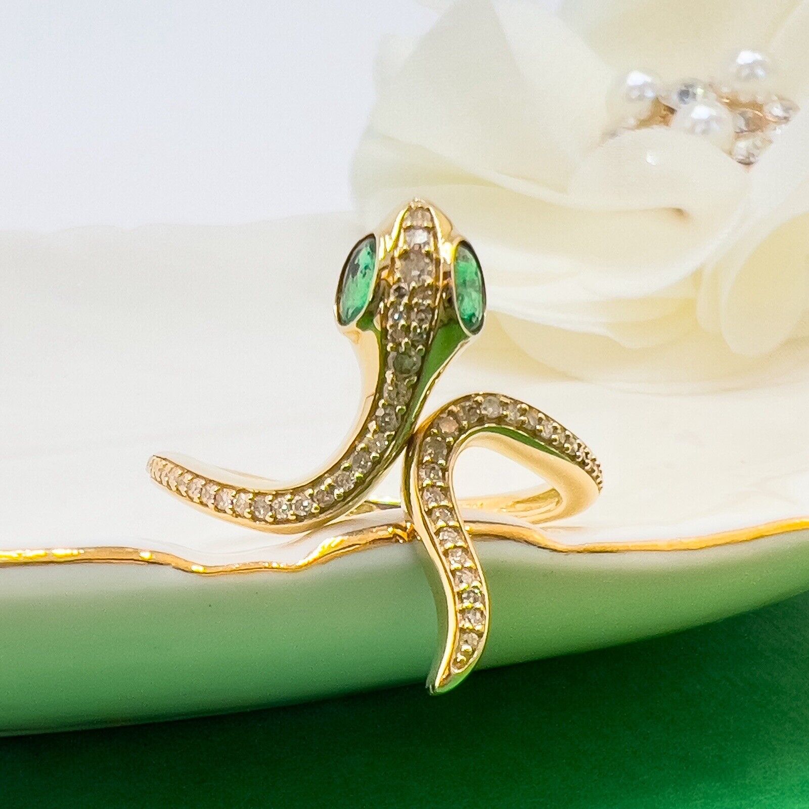🐍Genuine Emerald & Diamond 14k Yellow Gold Snake Ring, New, Size7.5