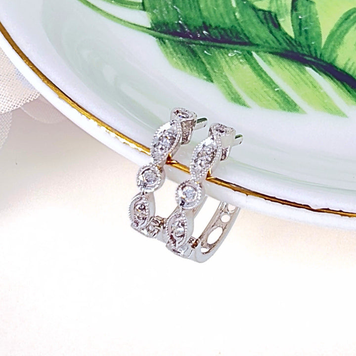14k White Gold Genuine Diamond Huggie Hoop Earrings, New