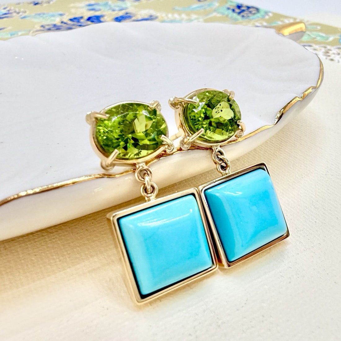 14k Yellow Gold Genuine Peridot & American Turquoise Statement Earrings, New