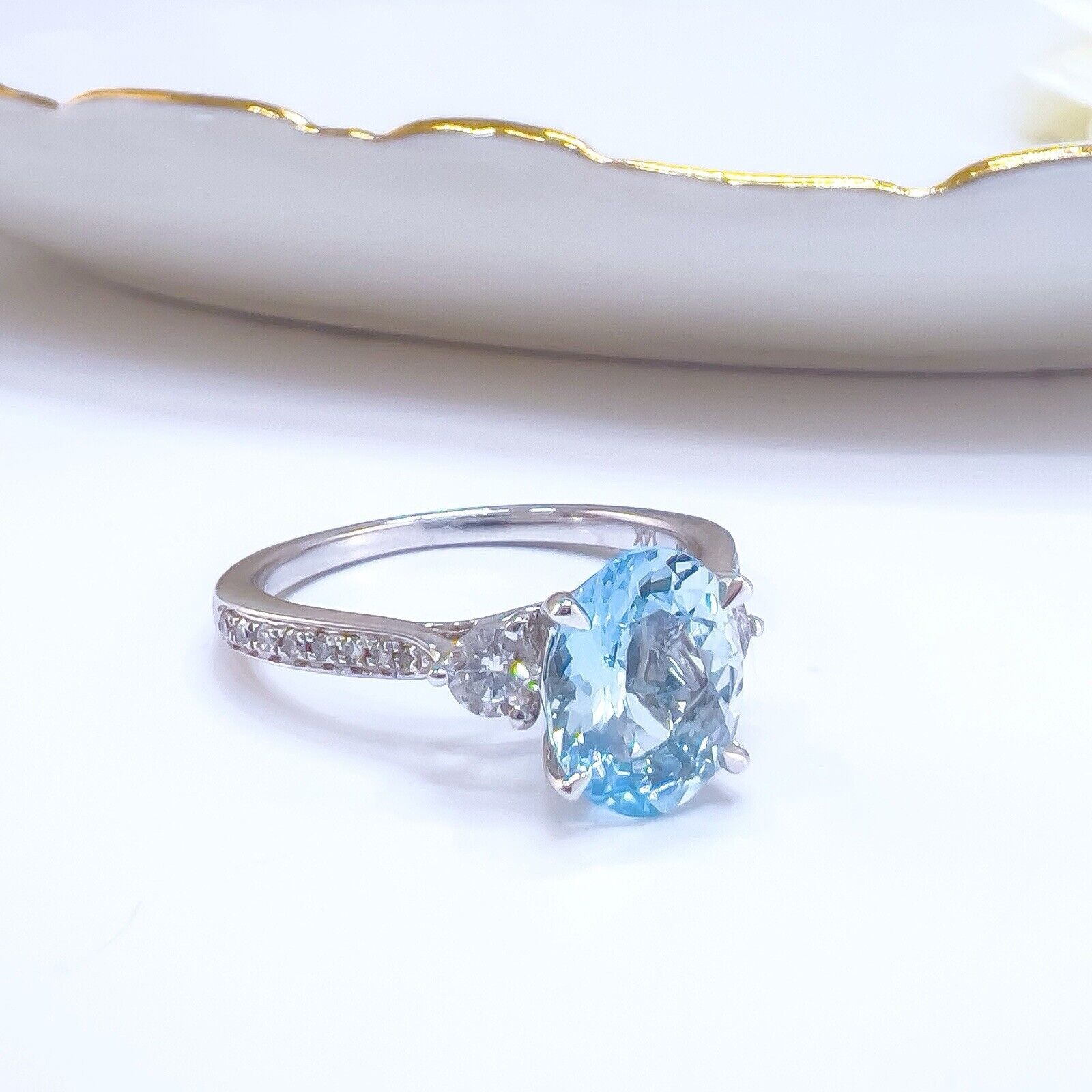 14k White Gold Genuine Aquamarine & Diamond Ring, New Size 7