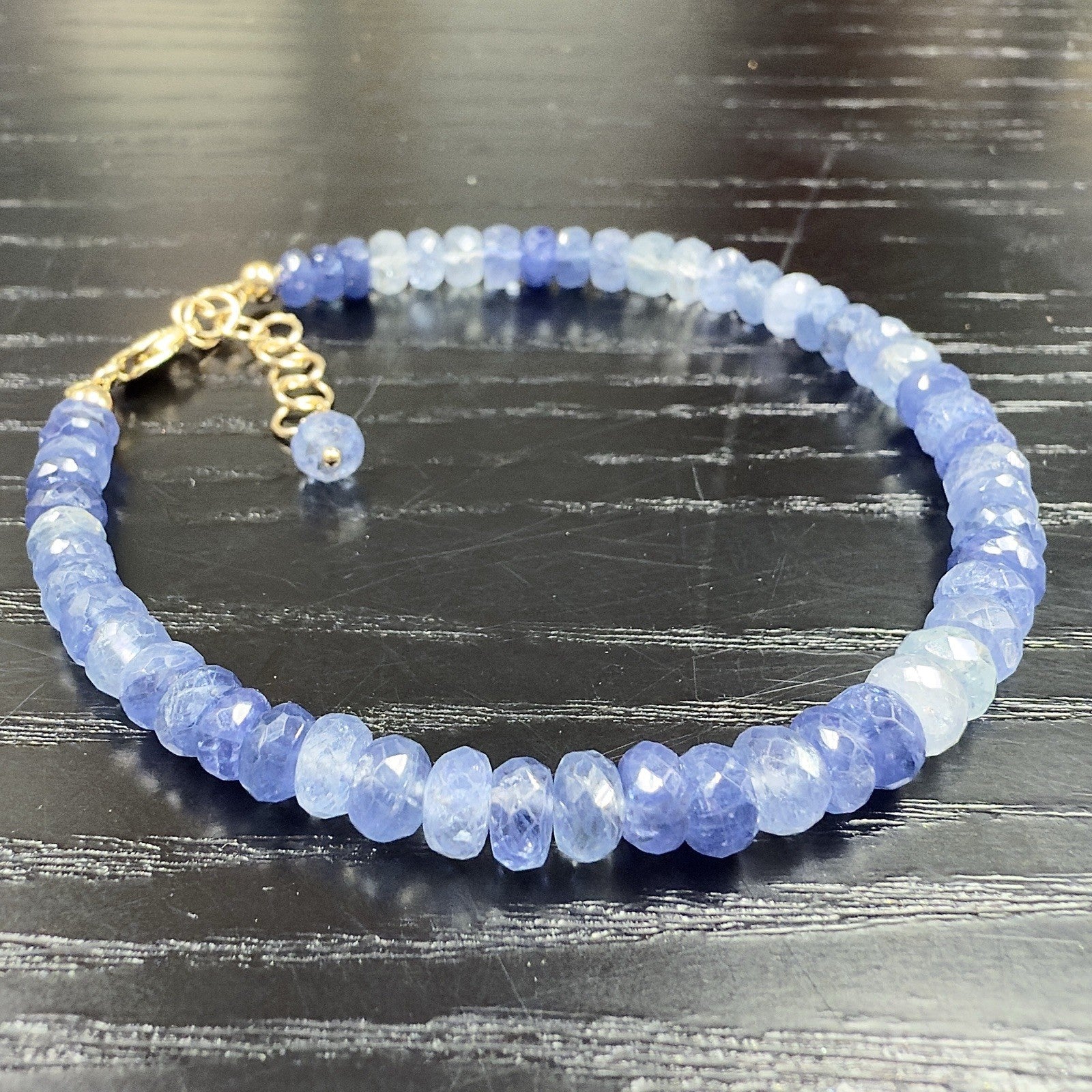 14k Yellow Gold Multitone Blue Sapphire Bracelet, Adjustable 6.75-7.75", New