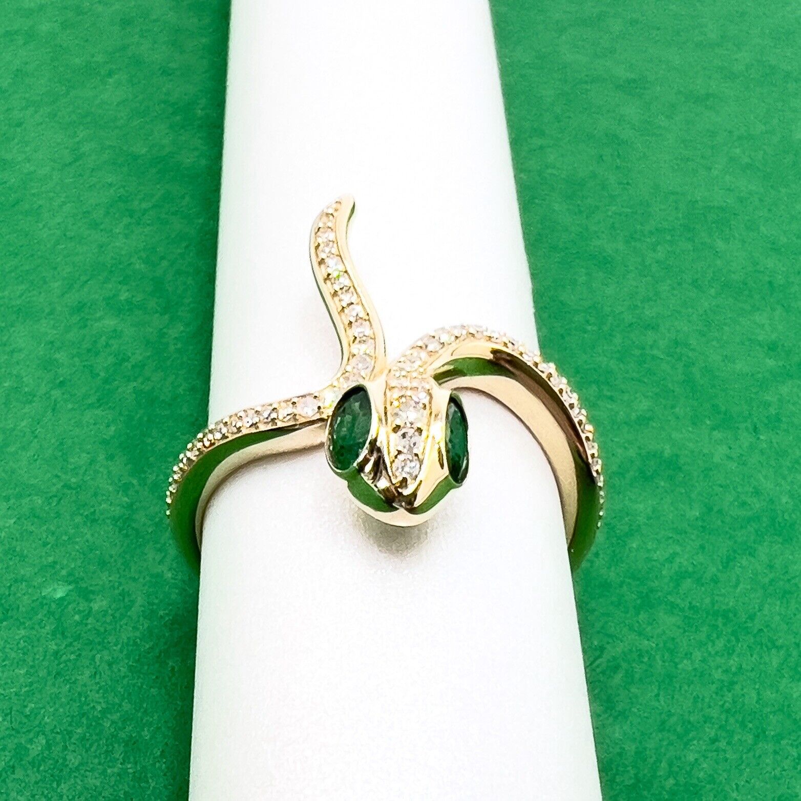 🐍Genuine Emerald & Diamond 14k Yellow Gold Snake Ring, New, Size7.5
