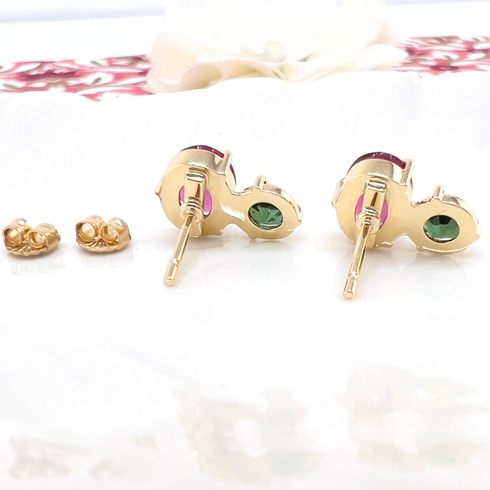 Handcrafted 14k Yellow Gold Genuine Pink & Green Tourmaline Stud Earrings, New