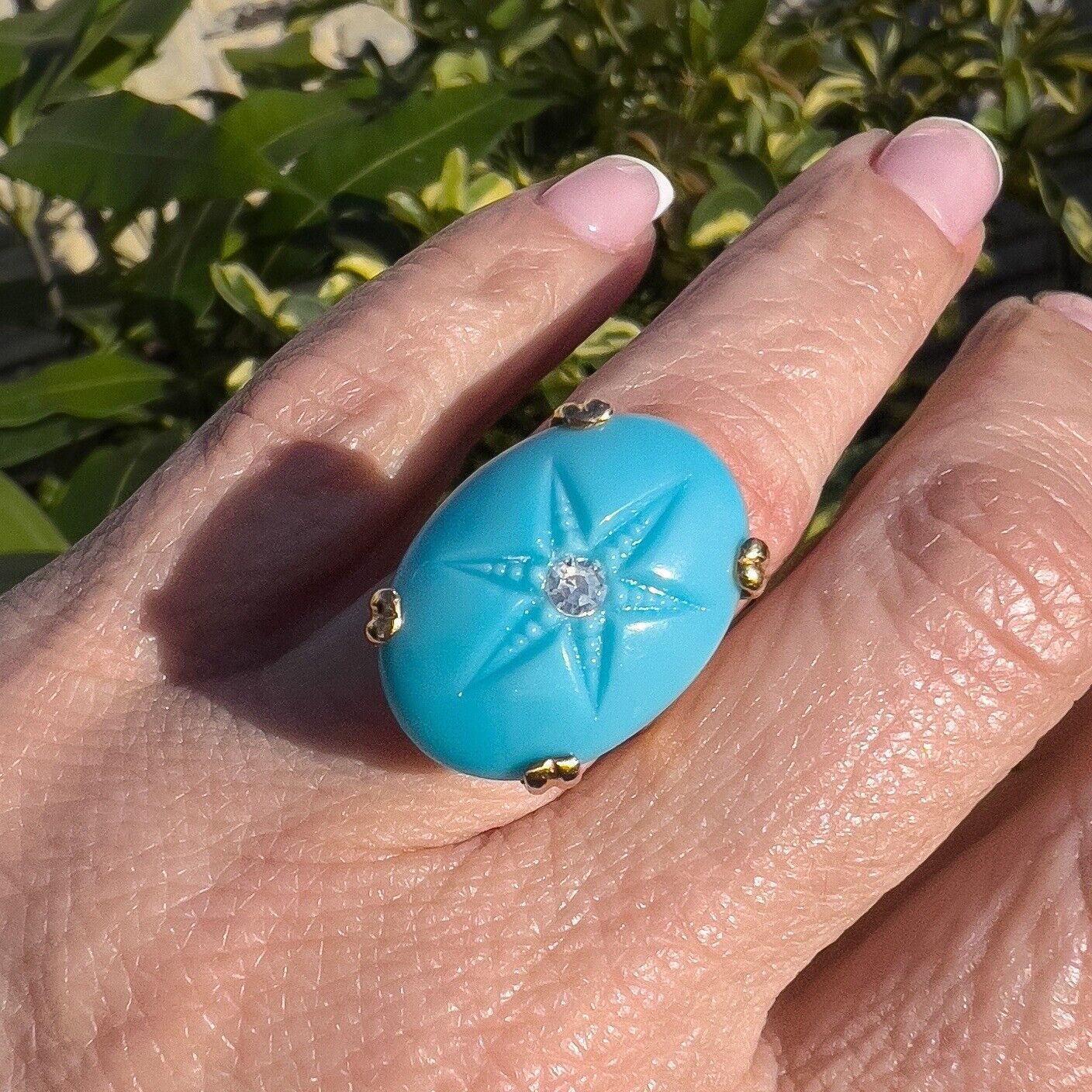 Vintage European 8k Yellow Gold American Turquoise & Diamond Ring, Size 4.75