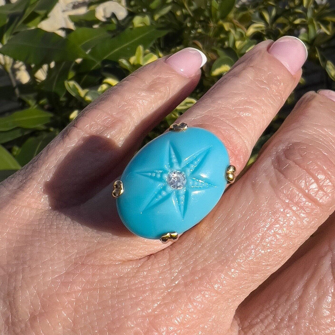 Vintage European 8k Yellow Gold American Turquoise & Diamond Ring, Size 4.75