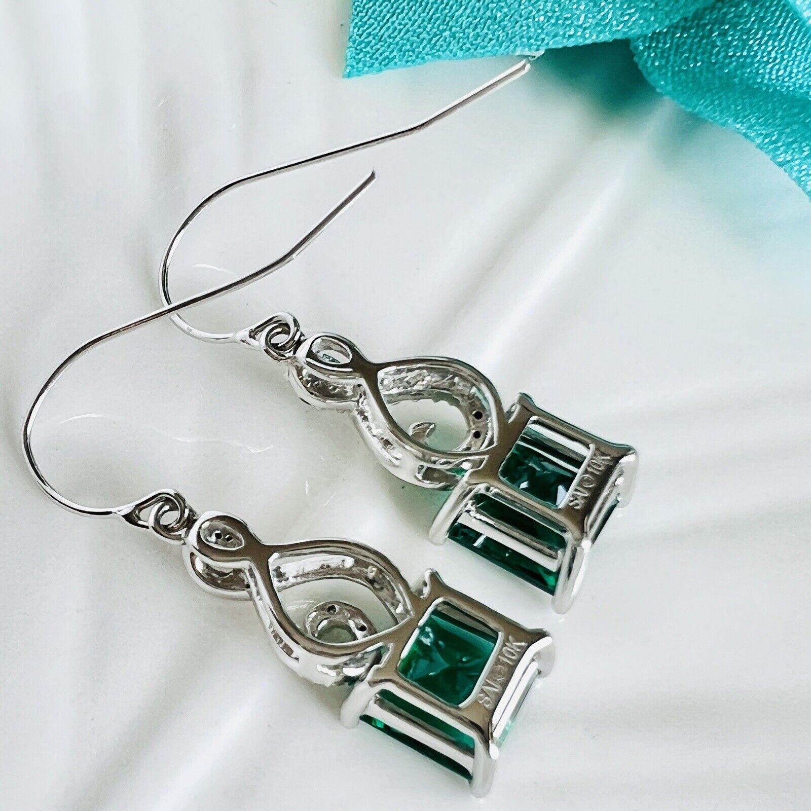 Solid 10k White Gold Genuine Diamonds & Lab Created Emerald Dangle/Drop Earrings