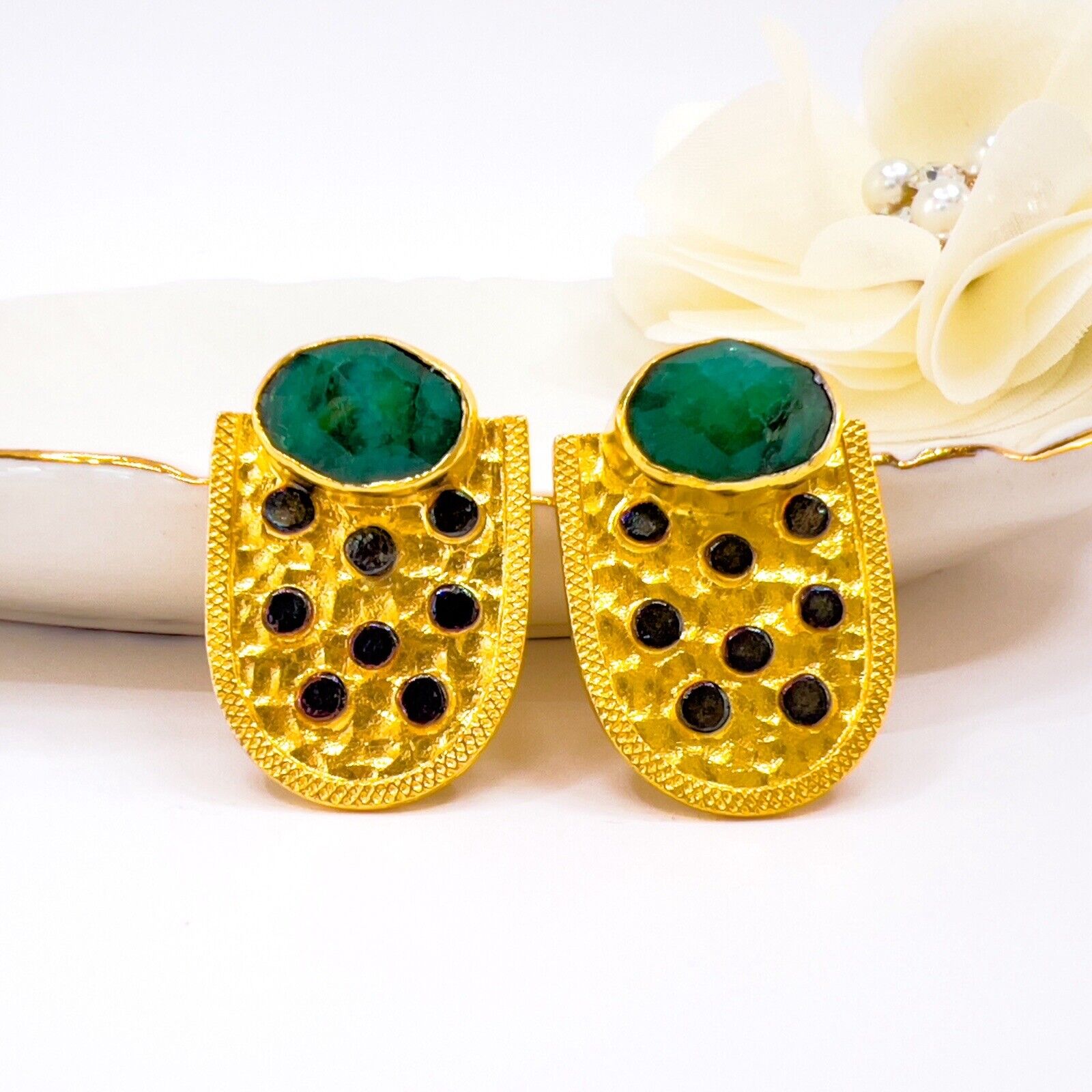 Genuine Emerald 22k Gold Over Sterling Silver Dangle Earrings, New