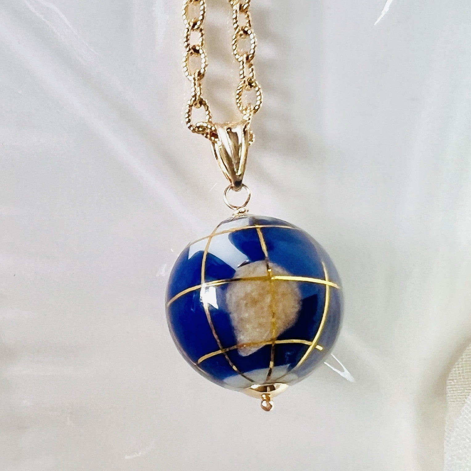 World Globe Gemstone Inlay Solid 14k Yellow Gold Pendant, New, 1.06"