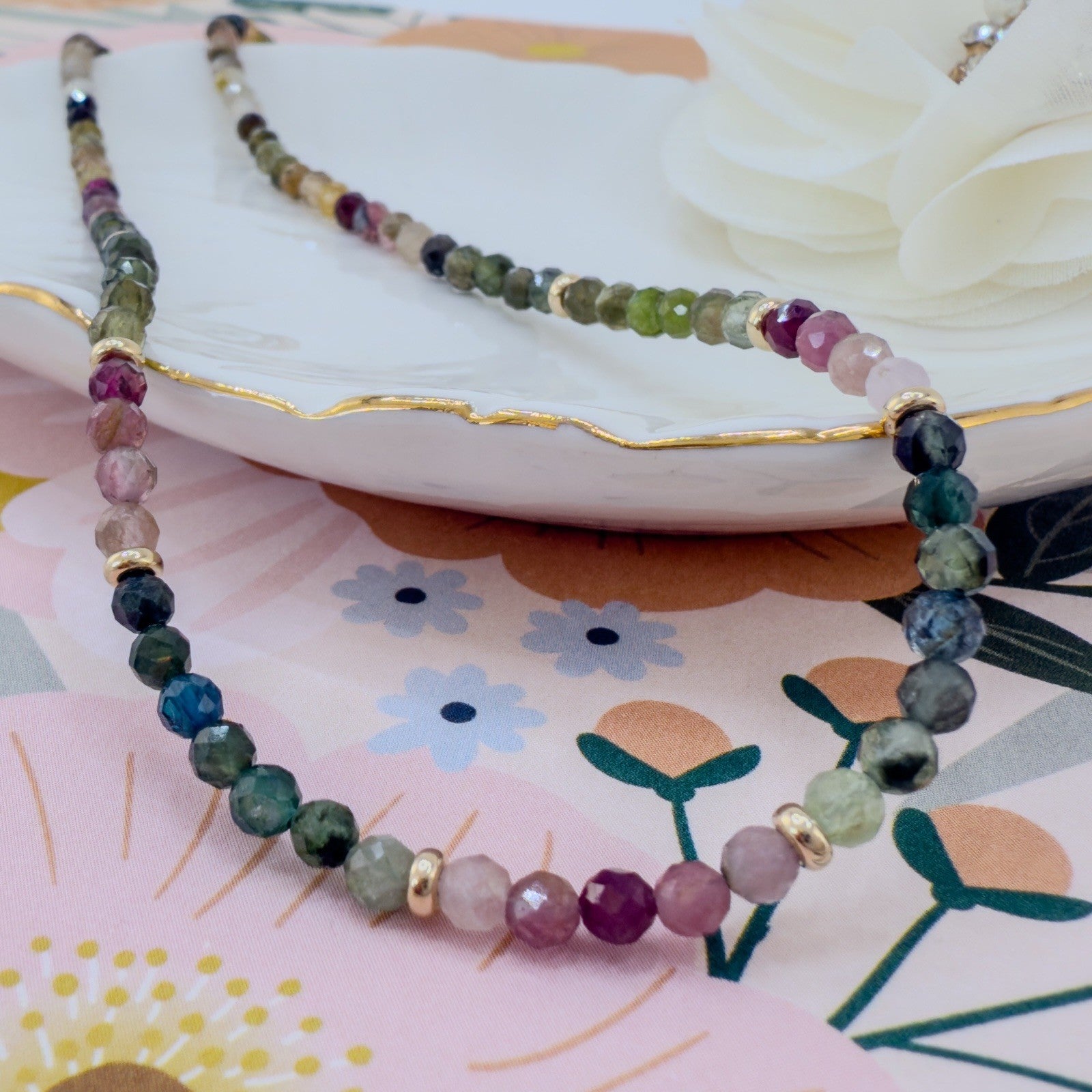 14k Yellow Gold Multicolor Tourmaline Bead Necklace, New 16"