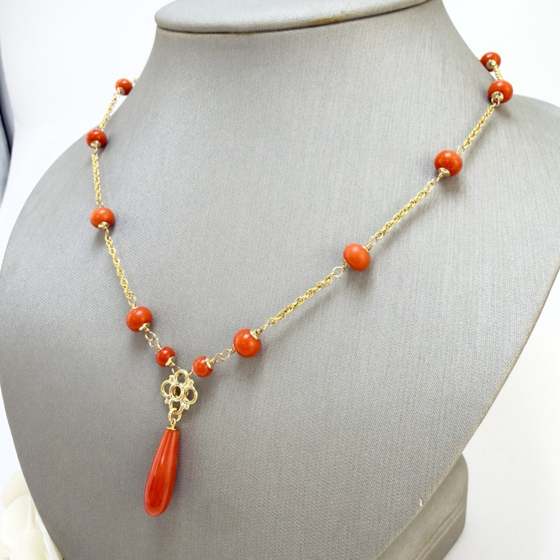 14k Yellow Gold Natural Red Coral Station Necklace w/Drop, 17.5-19" New