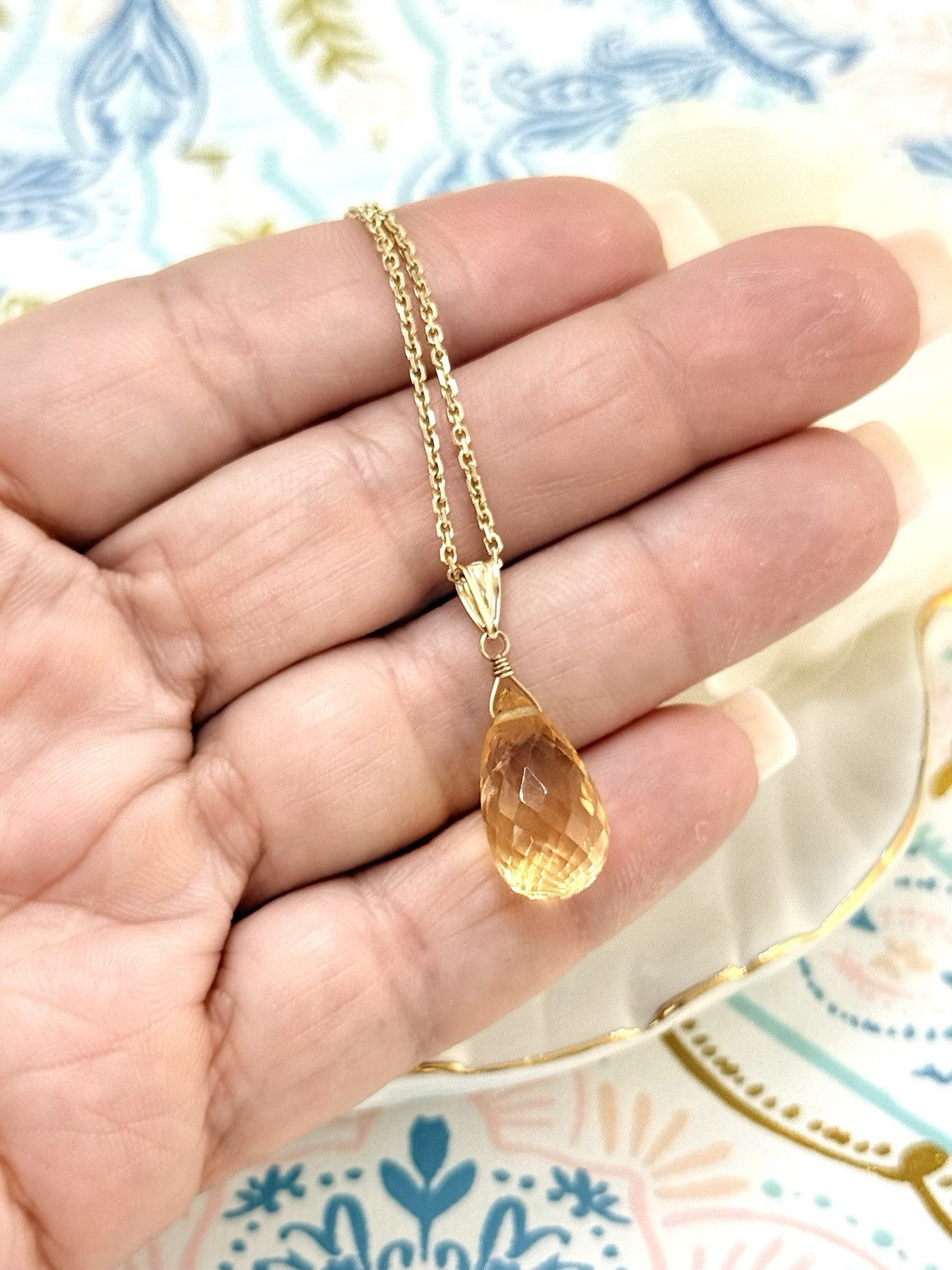 14k Yellow Gold Genuine Citrine Drop Pendant, 1" New