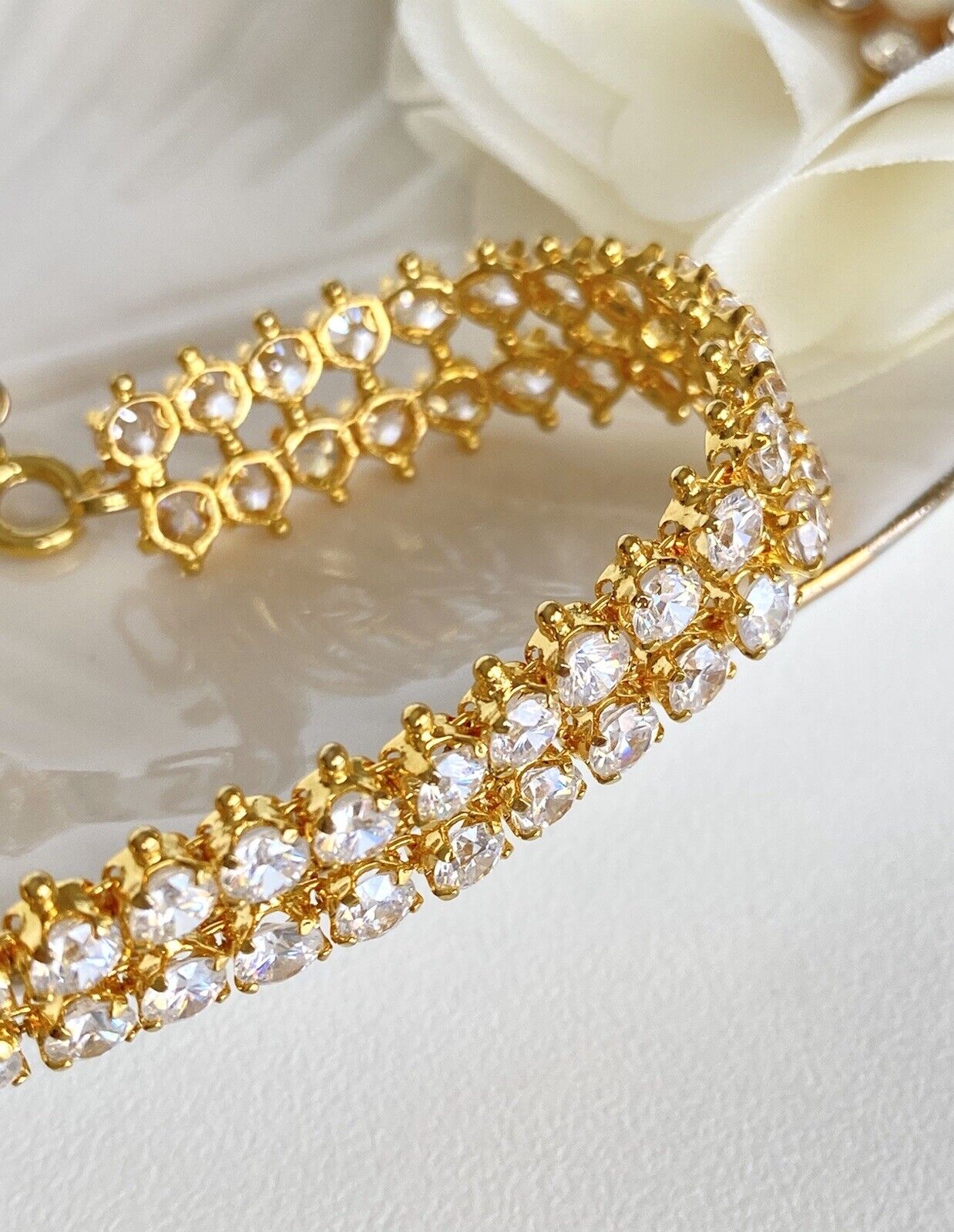 2-Row Cubic Zirconia Heavy Gold Electroplated Tennis Bracelet 7" New