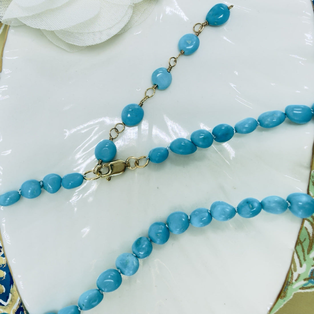 14k Yellow Gold Sleeping Beauty Turquoise Necklace, New, Adjustable 17.5-19.5"