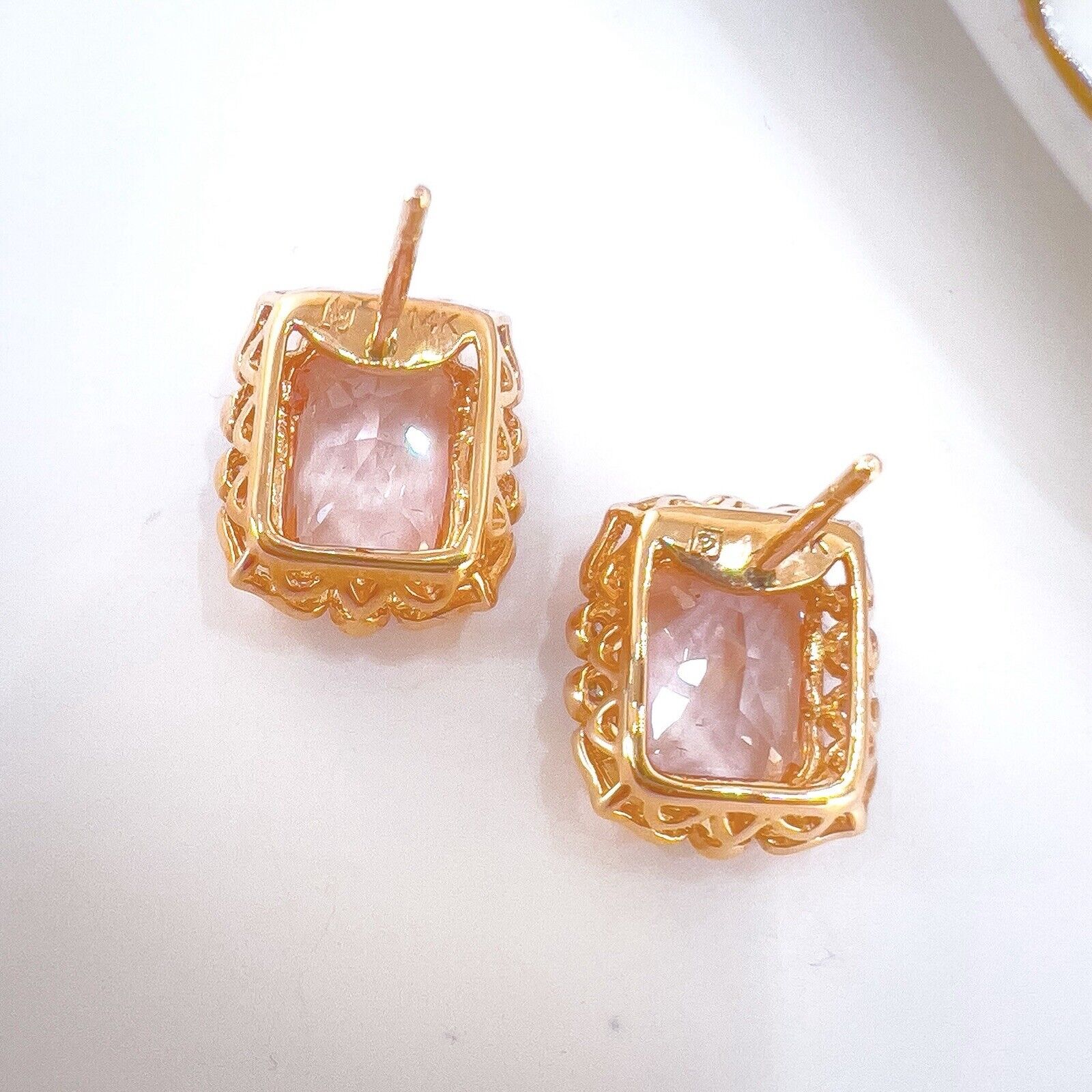 Vintage Style 14k Rose Gold Genuine Morganite & Diamond Stud Earrings, New