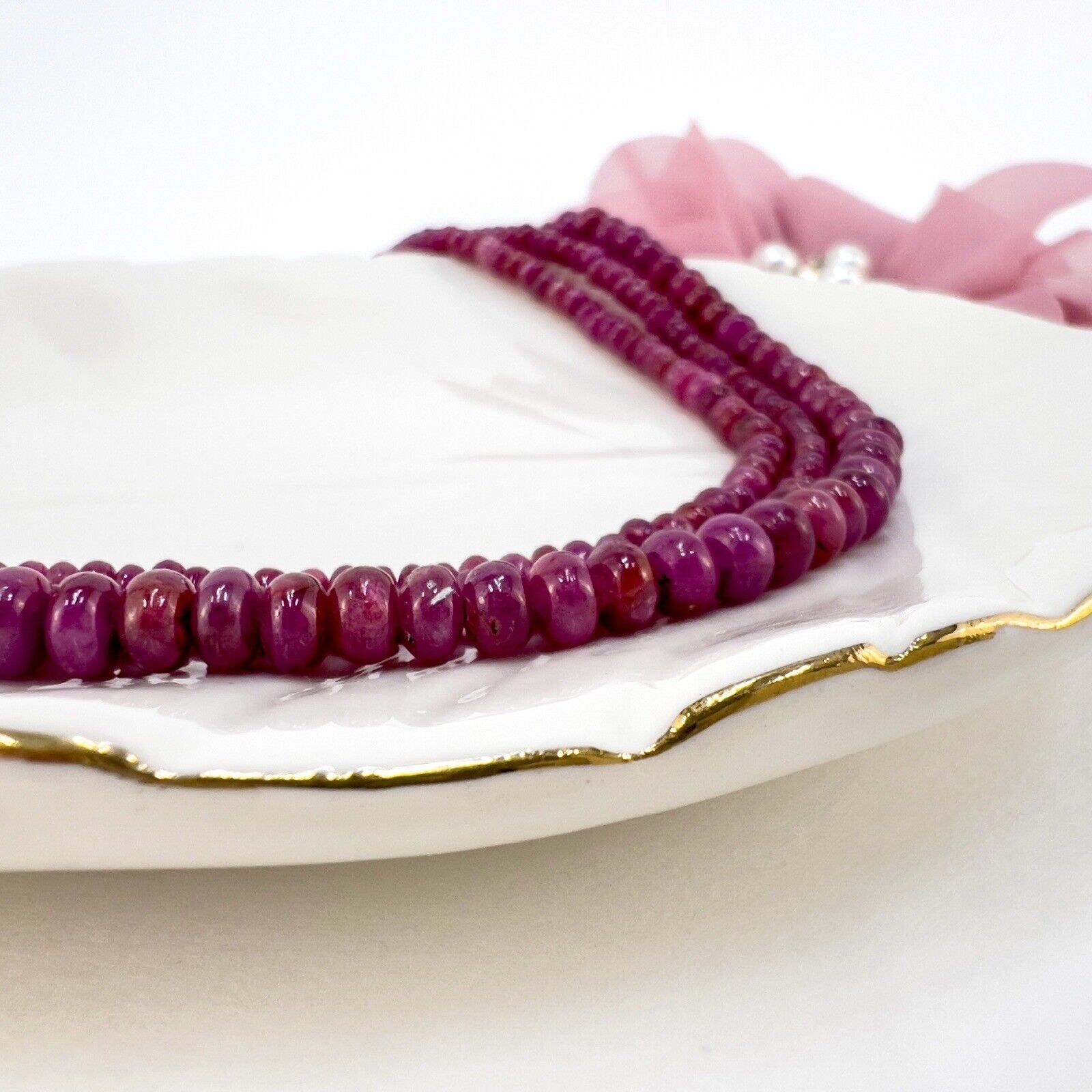 Natural Ruby Smooth Rondelle 14K Yellow Gold Necklace, New 43"