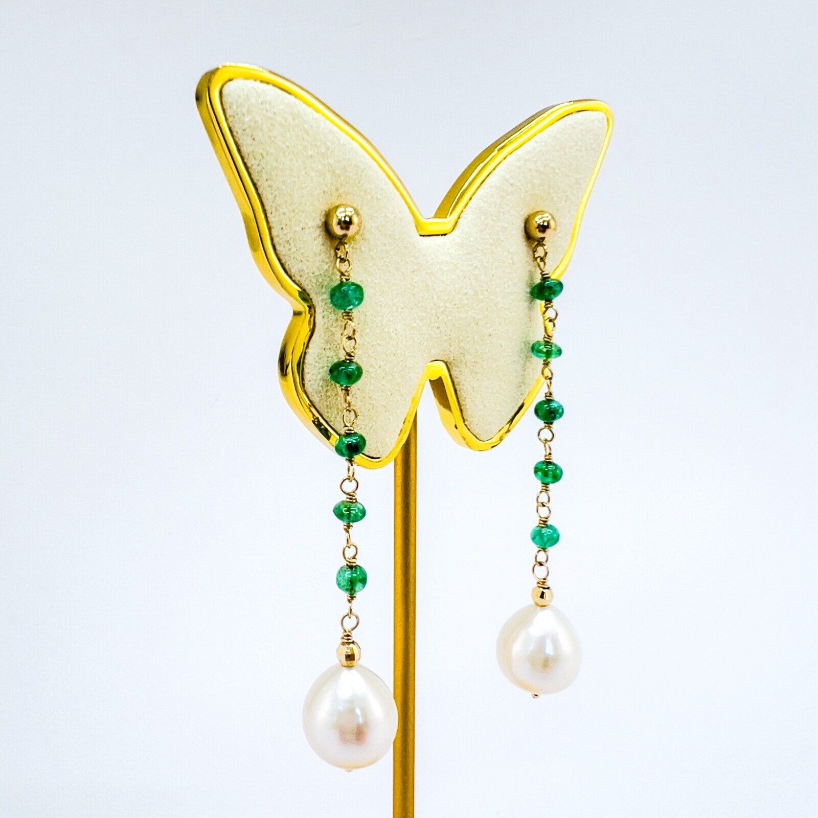 14k Yellow Gold Genuine Emerald & Pearl Dangle/Drop Earrings, New, 2.52"