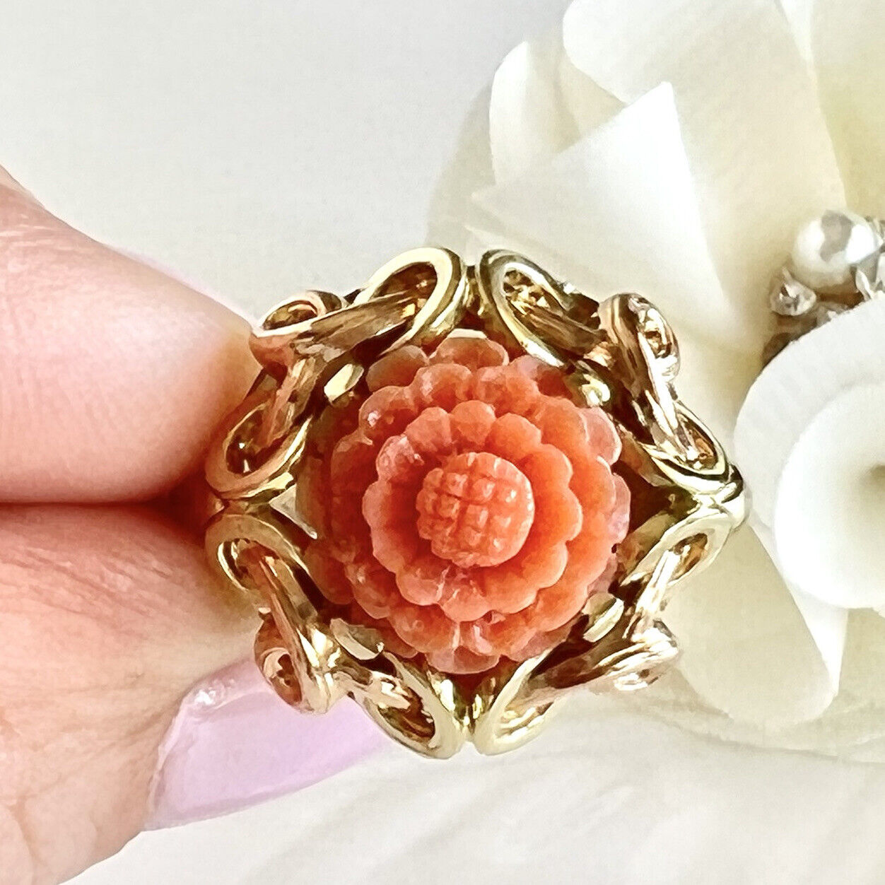 Antique Untreated Red/Orange Coral Rose Carving  Solid 14k Gold Ring, Size 8