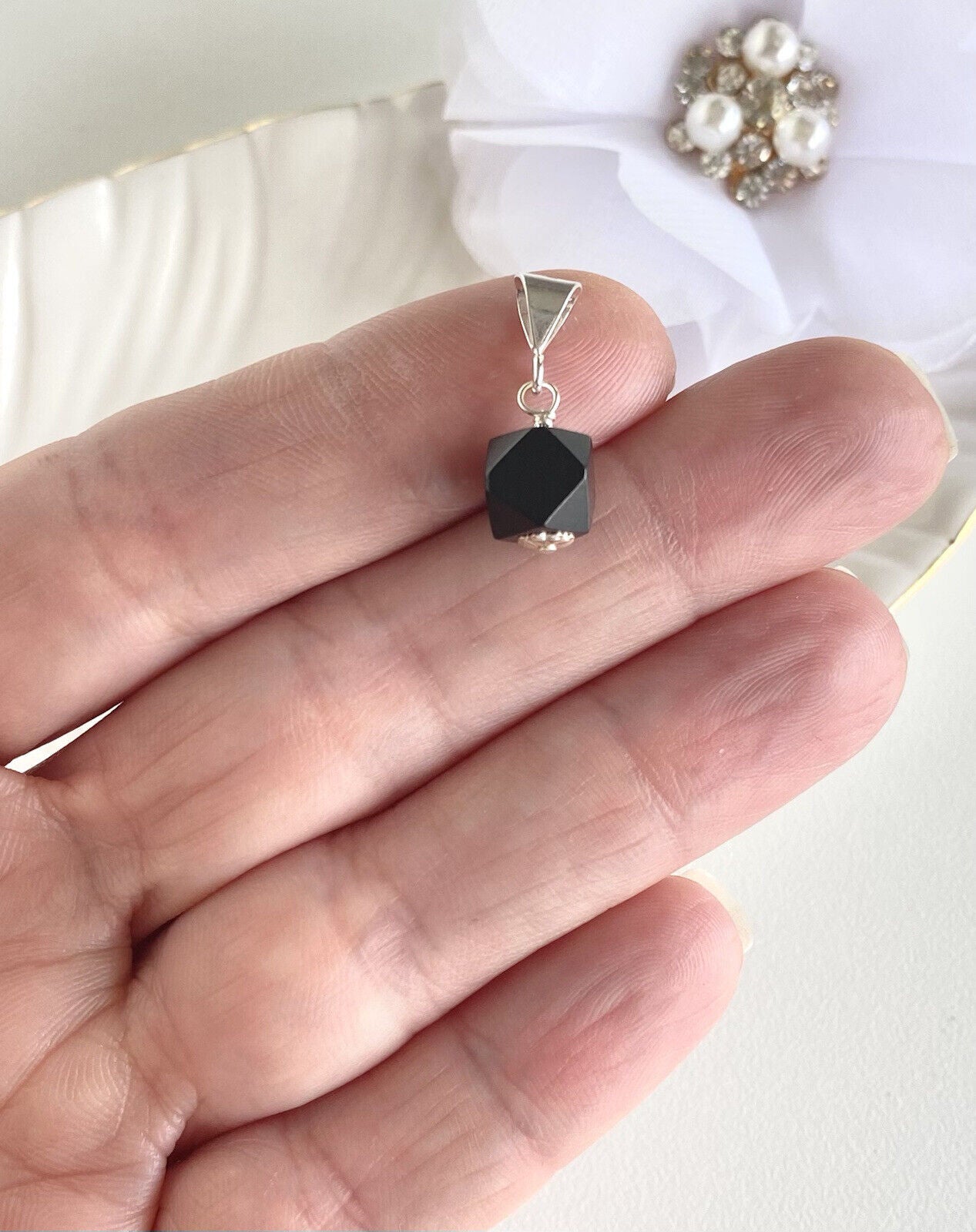 Genuine Azabache/Jet (7mm) Sterling Silver Pendant, New