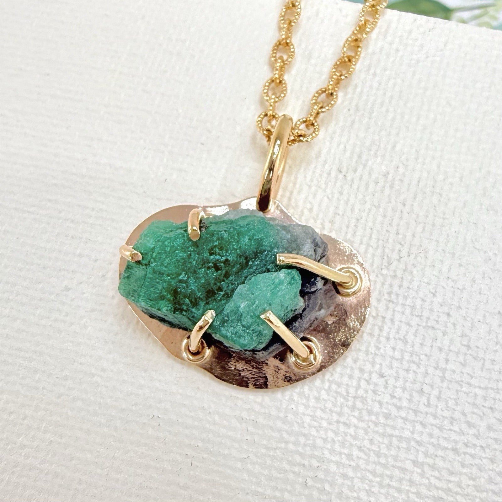 14k Yellow Gold Genuine Emerald Rough Freeform Modernist Pendant, New, Unisex