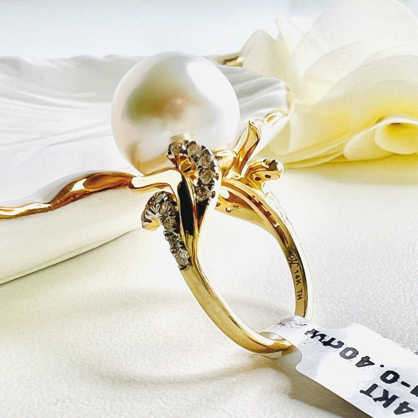 Solid 14k Yellow Gold Genuine 13.3mm Pearl & Diamond Ring, Size 7 New
