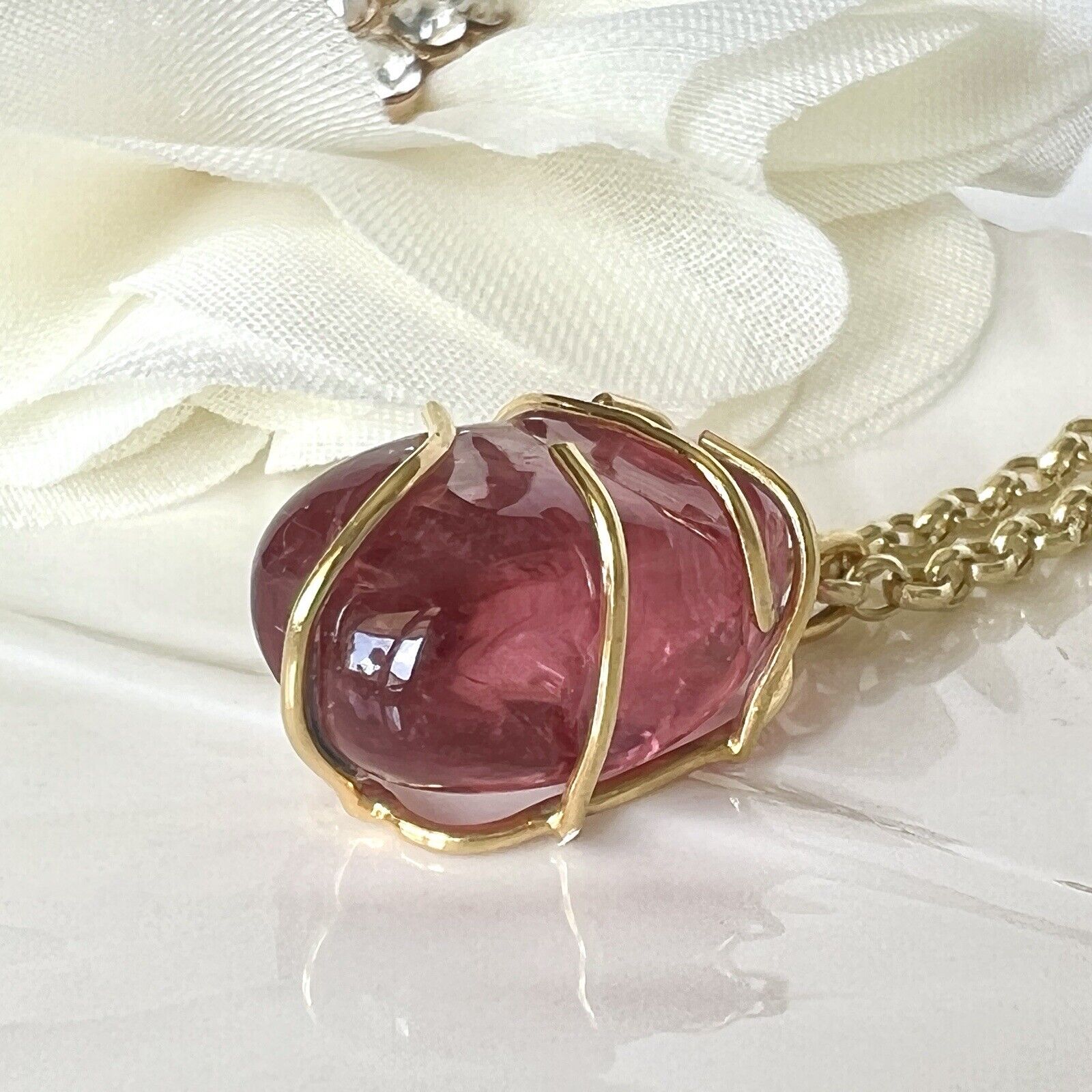 Solid 14k Yellow Gold Natural Smooth Pink Tourmaline (15ct) Nugget Pendant, New