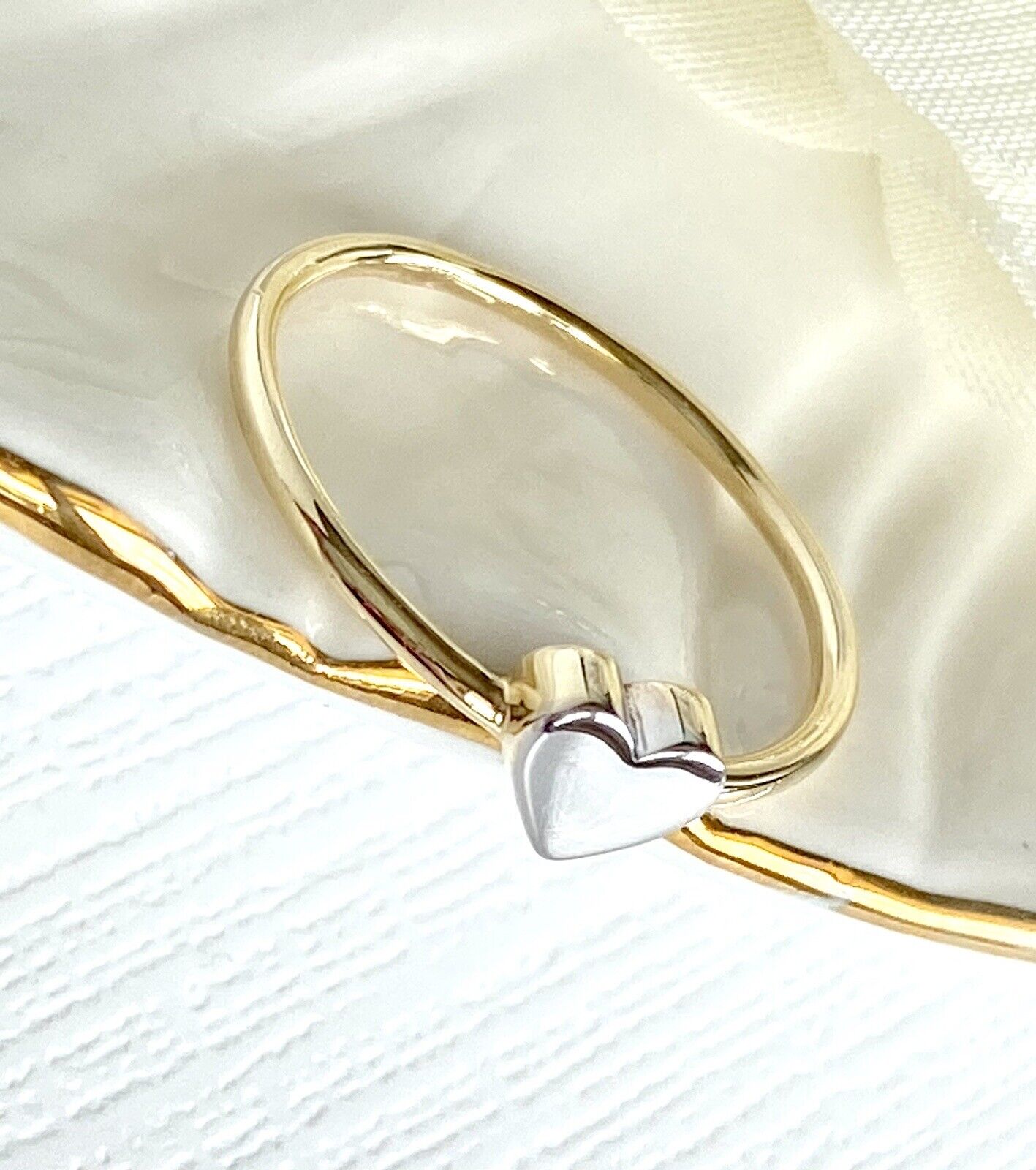 Adorable Solid 14k Yellow Gold Ring w/ White Gold Heart, New, Size 7 3/4
