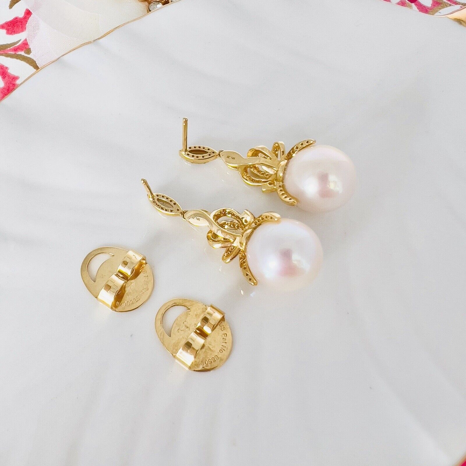 Genuine White Pearl (11.25mm) & Diamond 14k Yellow Gold Dangle Earrings, New