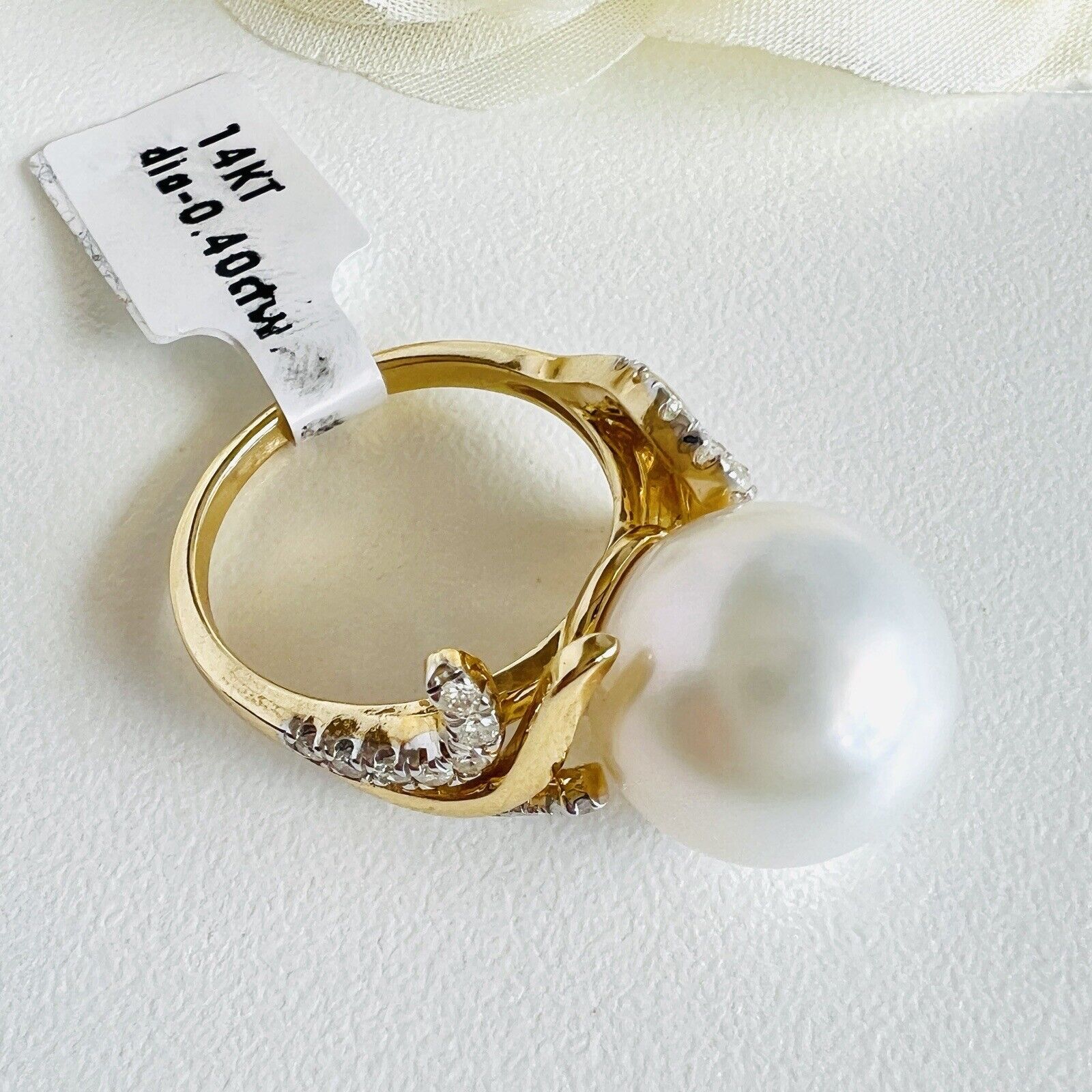Solid 14k Yellow Gold Genuine 13.3mm Pearl & Diamond Ring, Size 7 New