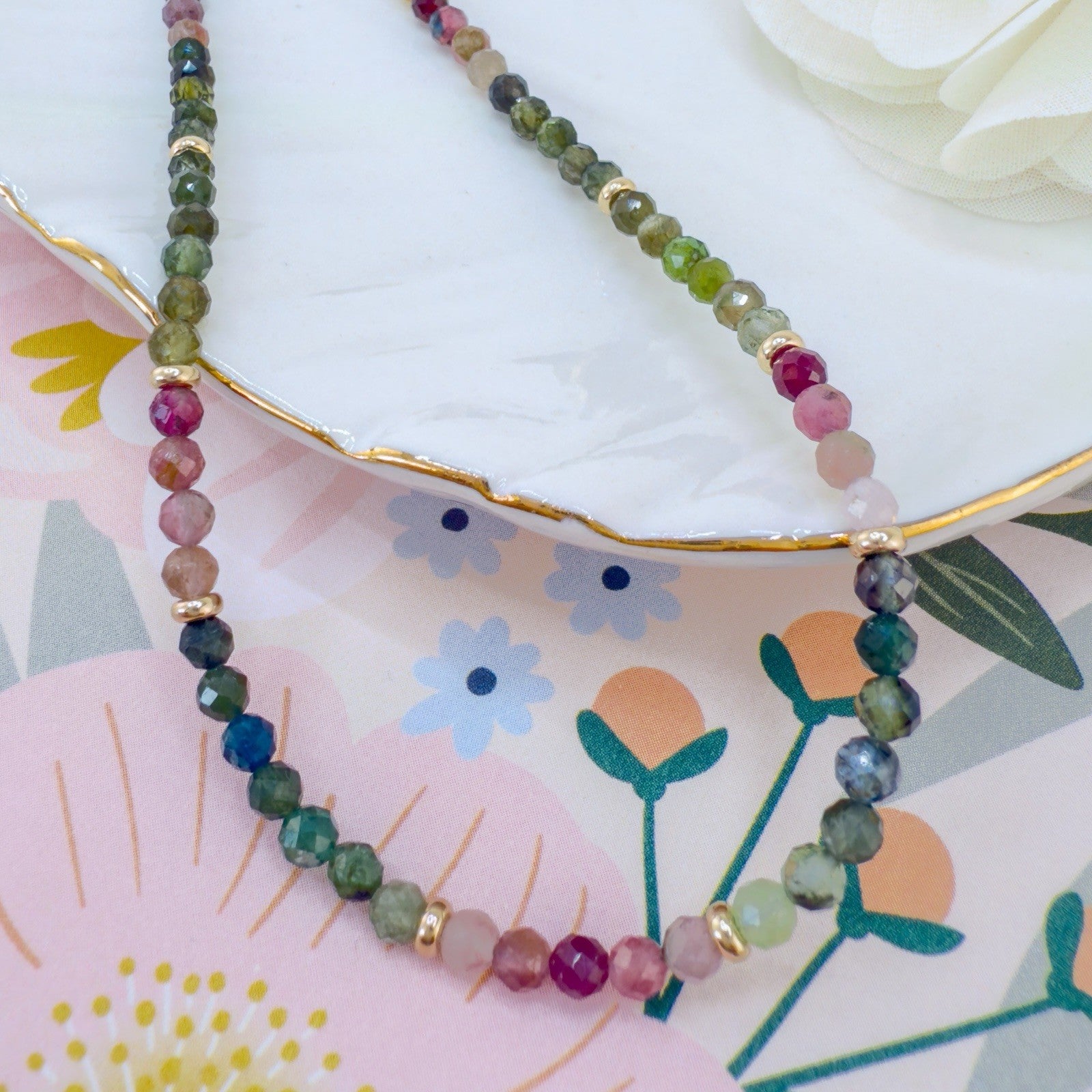 14k Yellow Gold Multicolor Tourmaline Bead Necklace, New 16"