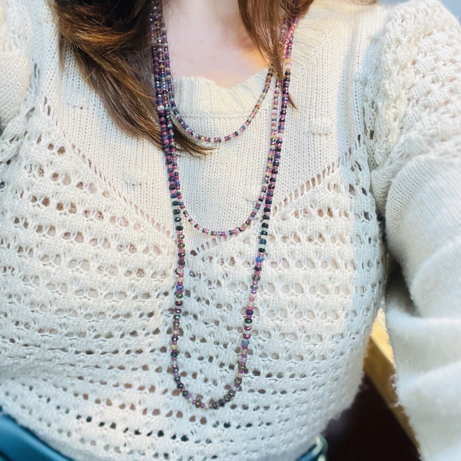 Genuine Multicolor Sapphire, Ruby & Emerald 14K Yellow Gold Necklace, New 82"