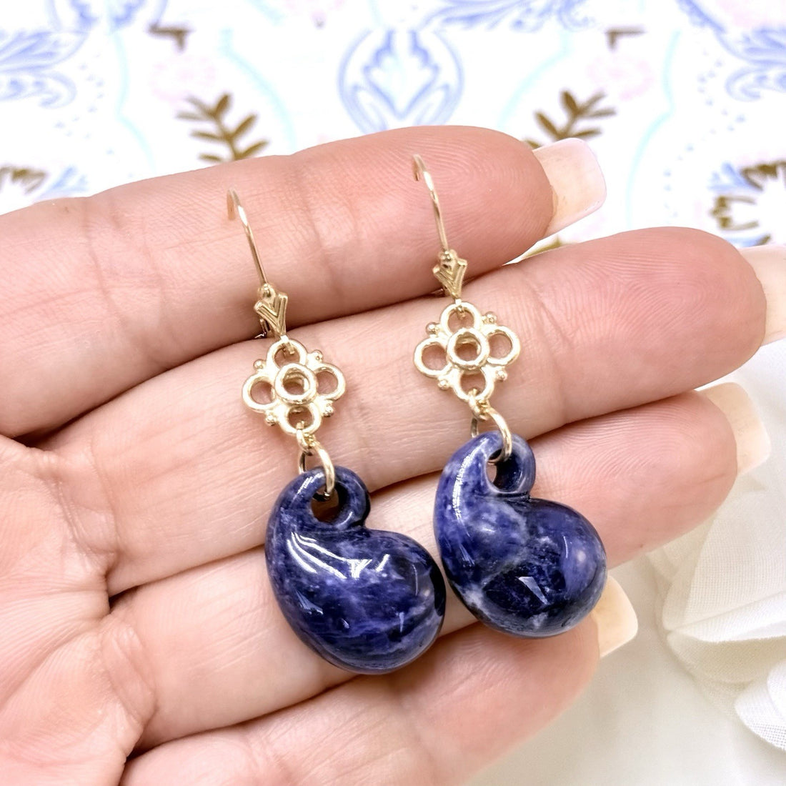 14k Yellow Gold Genuine Sodalite Drop Dangle Lever-back Earrings, New 1.87"
