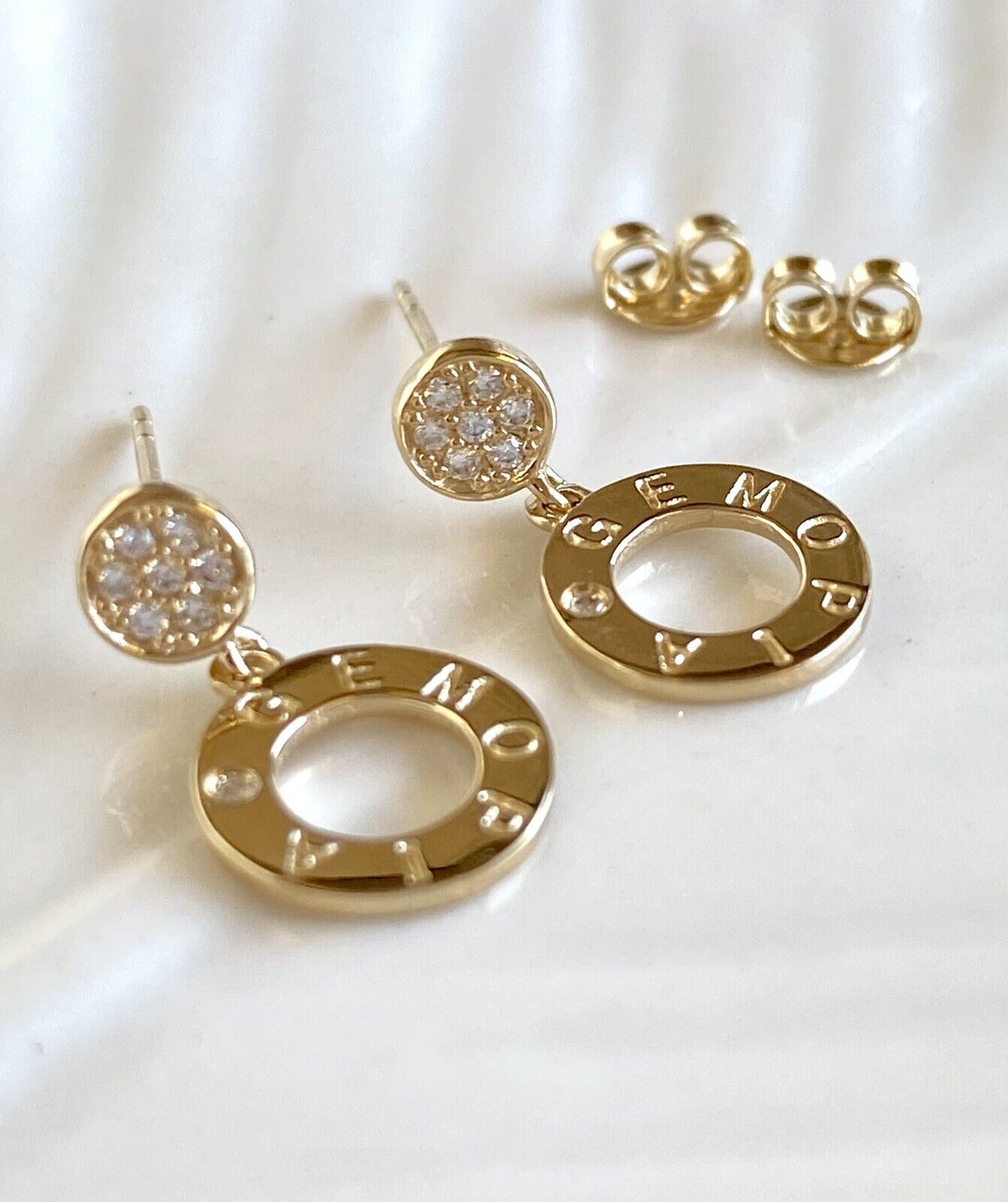 Solid 14K Yellow Gold & Cubic Zirconia Open Circle Dangle Earrings, New