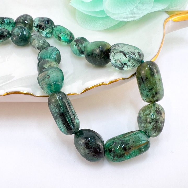 Genuine Emerald (170ct) 14k Yellow Gold Beaded Necklace, New 17.5"