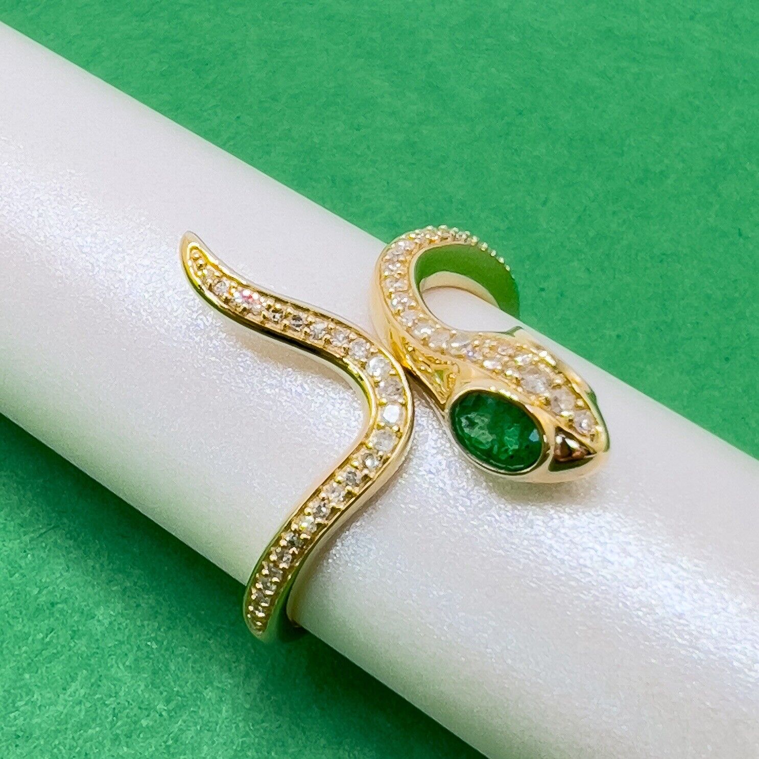 🐍Genuine Emerald & Diamond 14k Yellow Gold Snake Ring, New, Size7.5