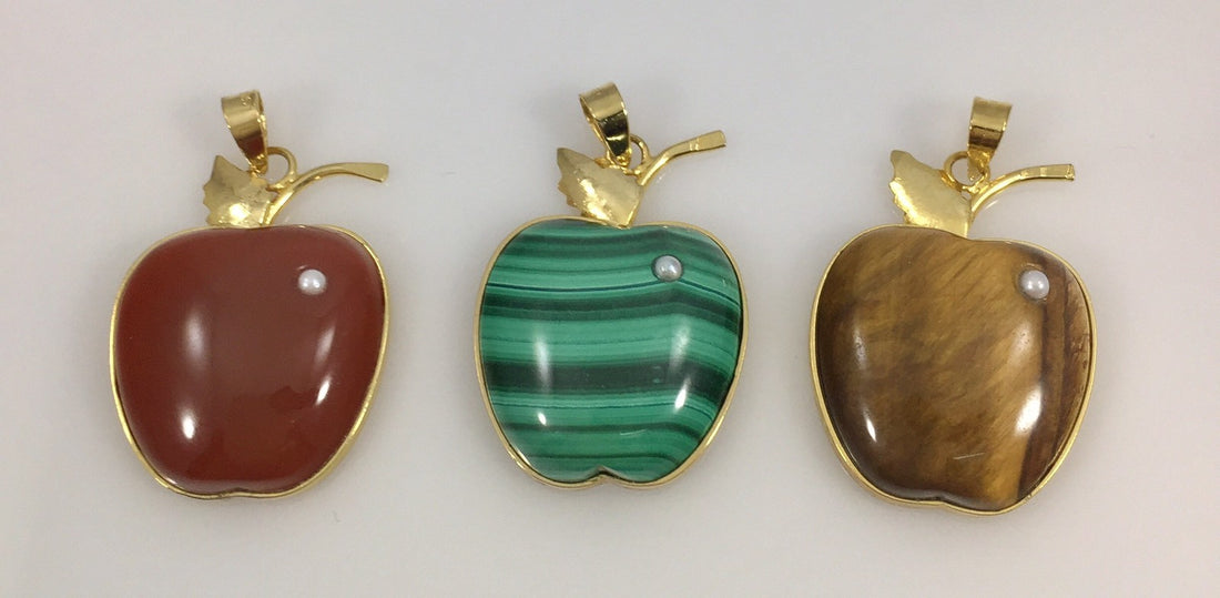 Adorable Genuine Gemstone Apple & Pearl 14kt Gold Overlay Sterling Pendant, New