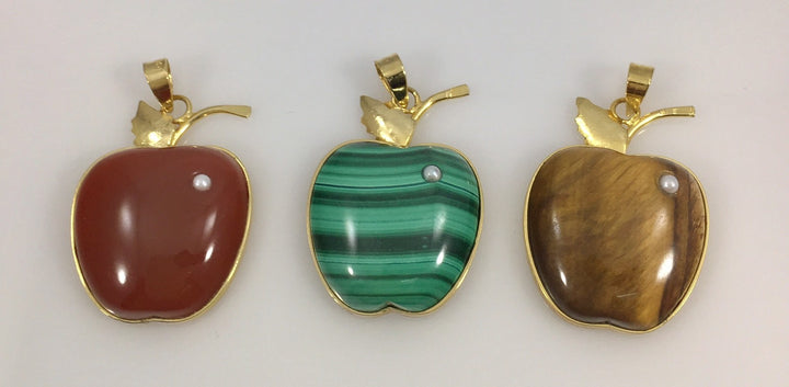 Adorable Genuine Gemstone Apple & Pearl 14kt Gold Overlay Sterling Pendant, New