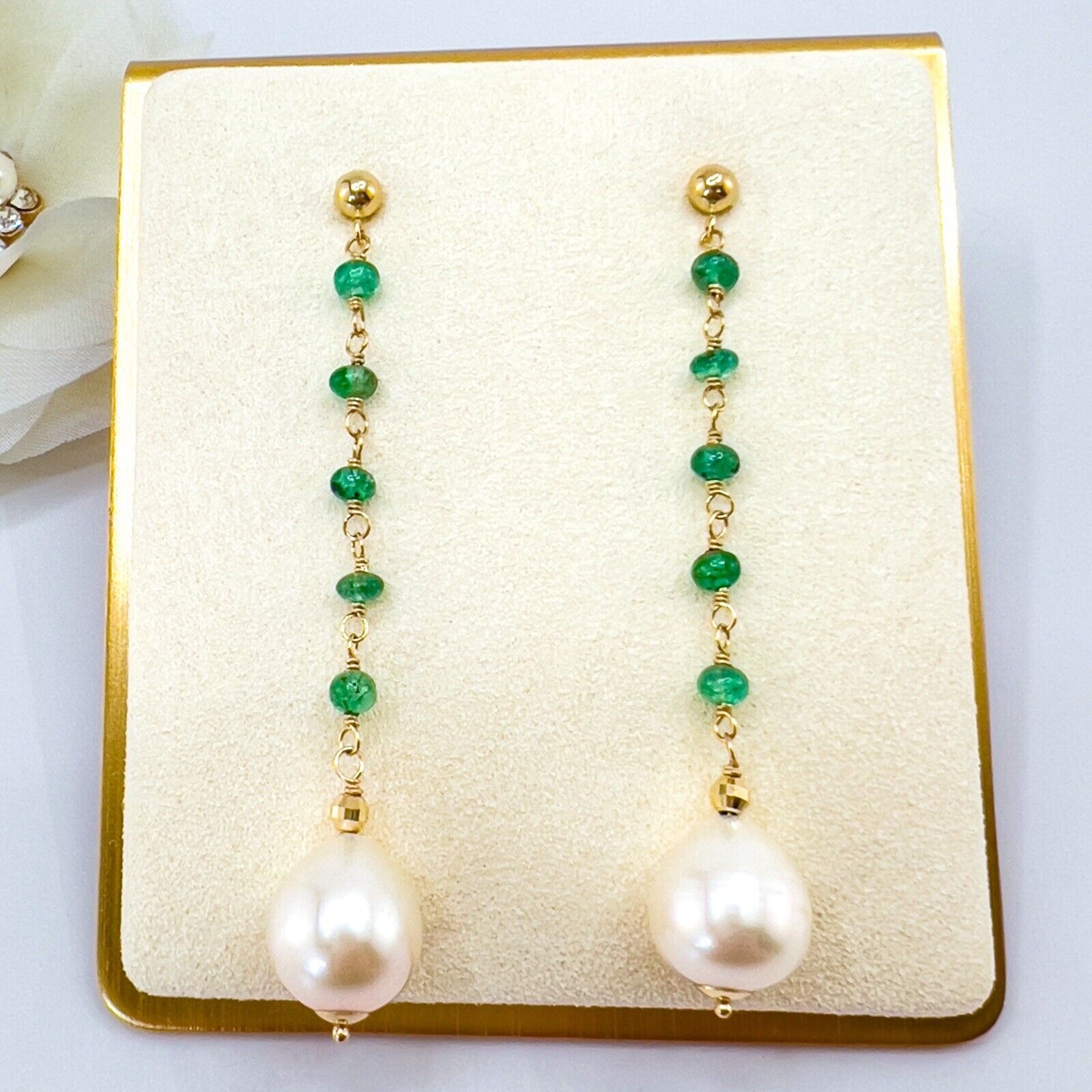 14k Yellow Gold Genuine Emerald & Pearl Dangle/Drop Earrings, New, 2.52"