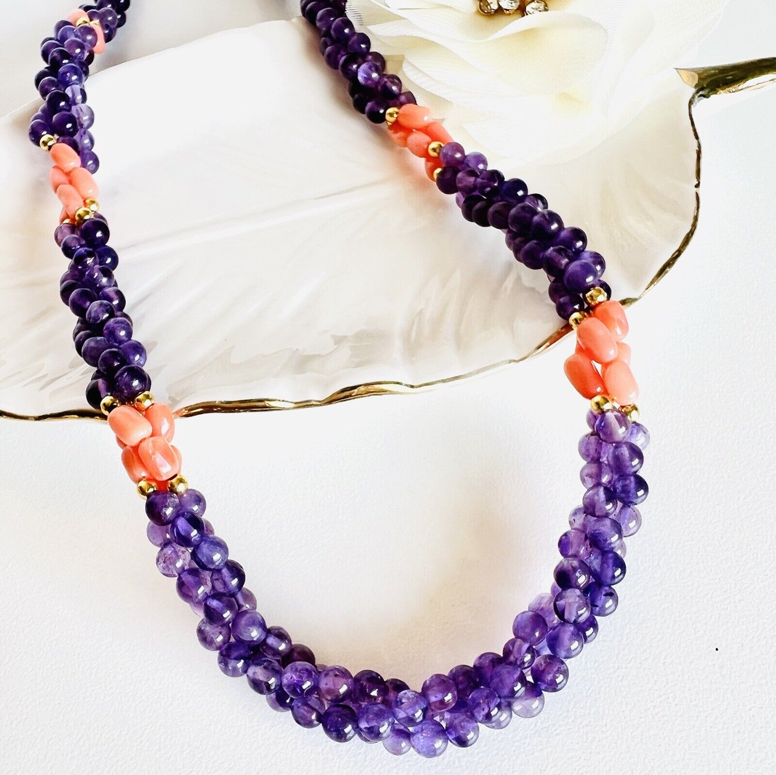 Vintage Beautiful Genuine Salmon Coral & Amethyst Woven Rope Necklace 18 inches