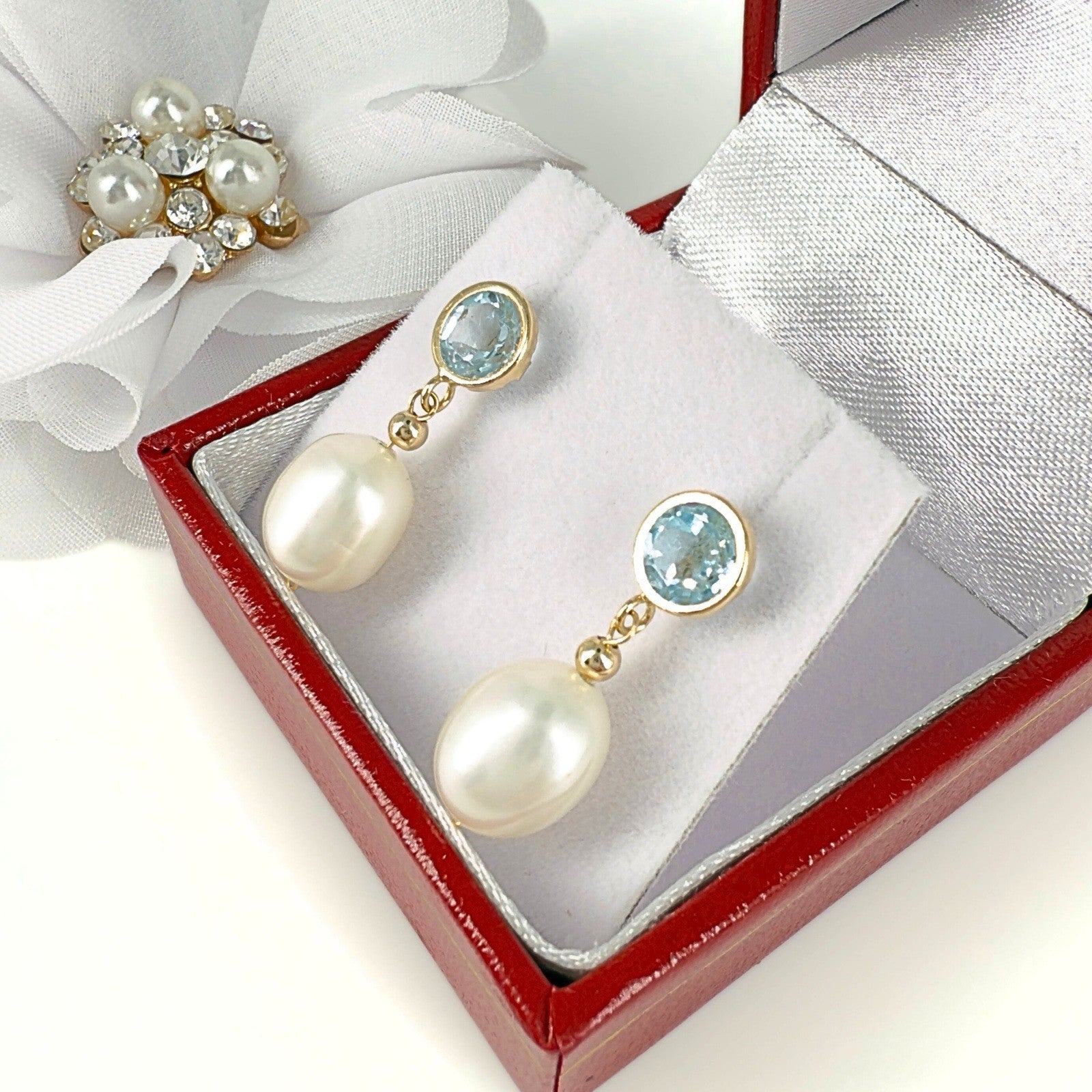 14k Yellow Gold Sky Blue Topaz & Genuine Cultured Pearl Dangle/Drop Earrings