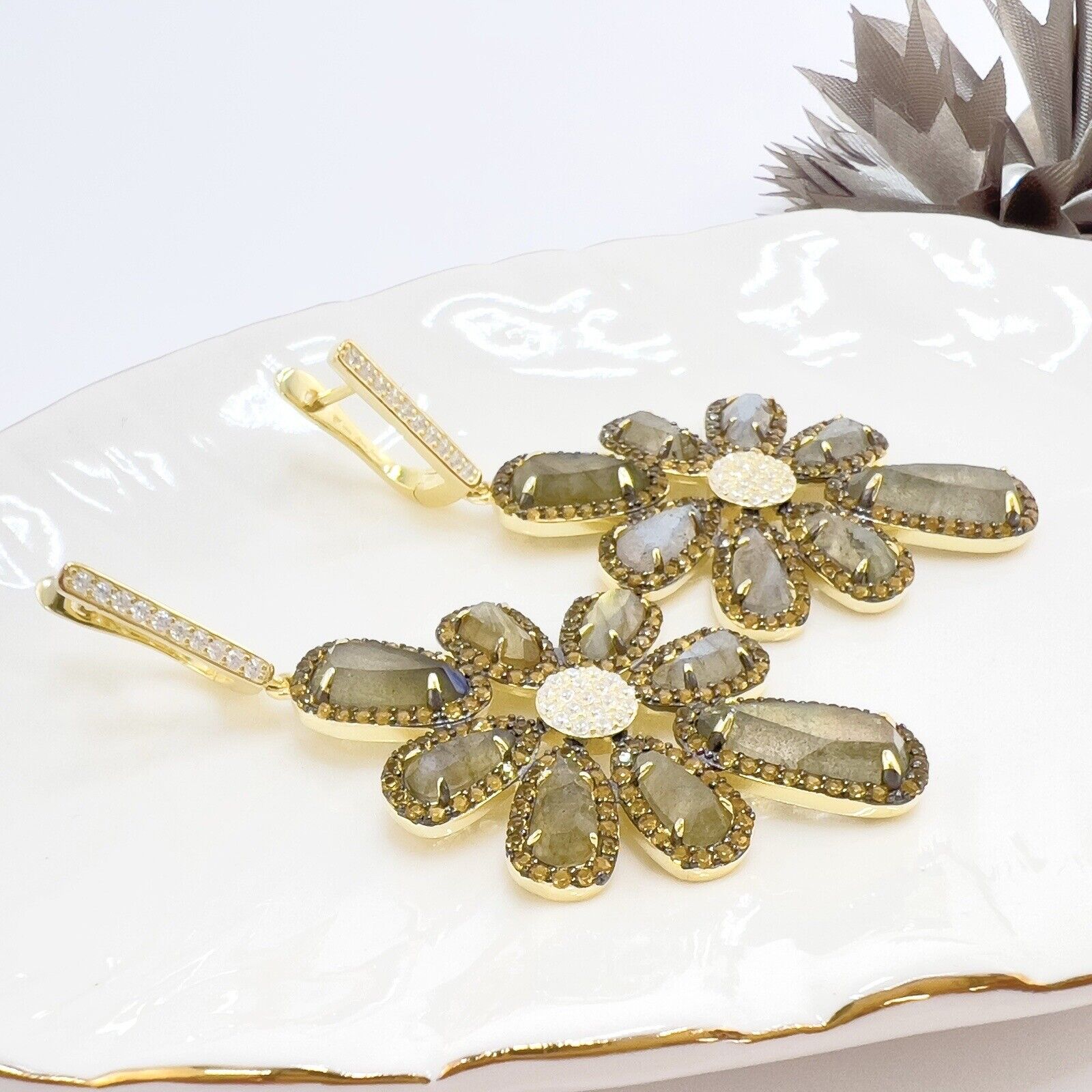 Genuine Labradorite Citrine & Cz Sterling Silver Vermeil Statement Earrings, New