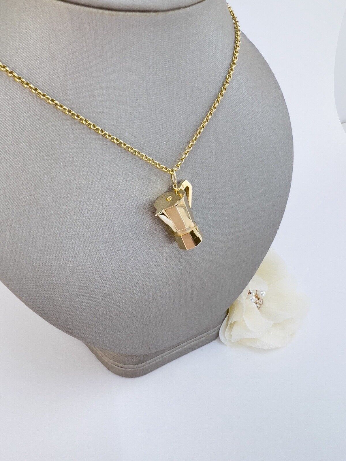 14K Yellow Gold 3D Italian Espresso Coffee Pot/ Cafetera Cubana, New, Large