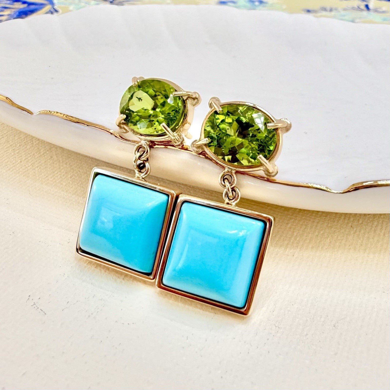 14k Yellow Gold Genuine Peridot & American Turquoise Statement Earrings, New