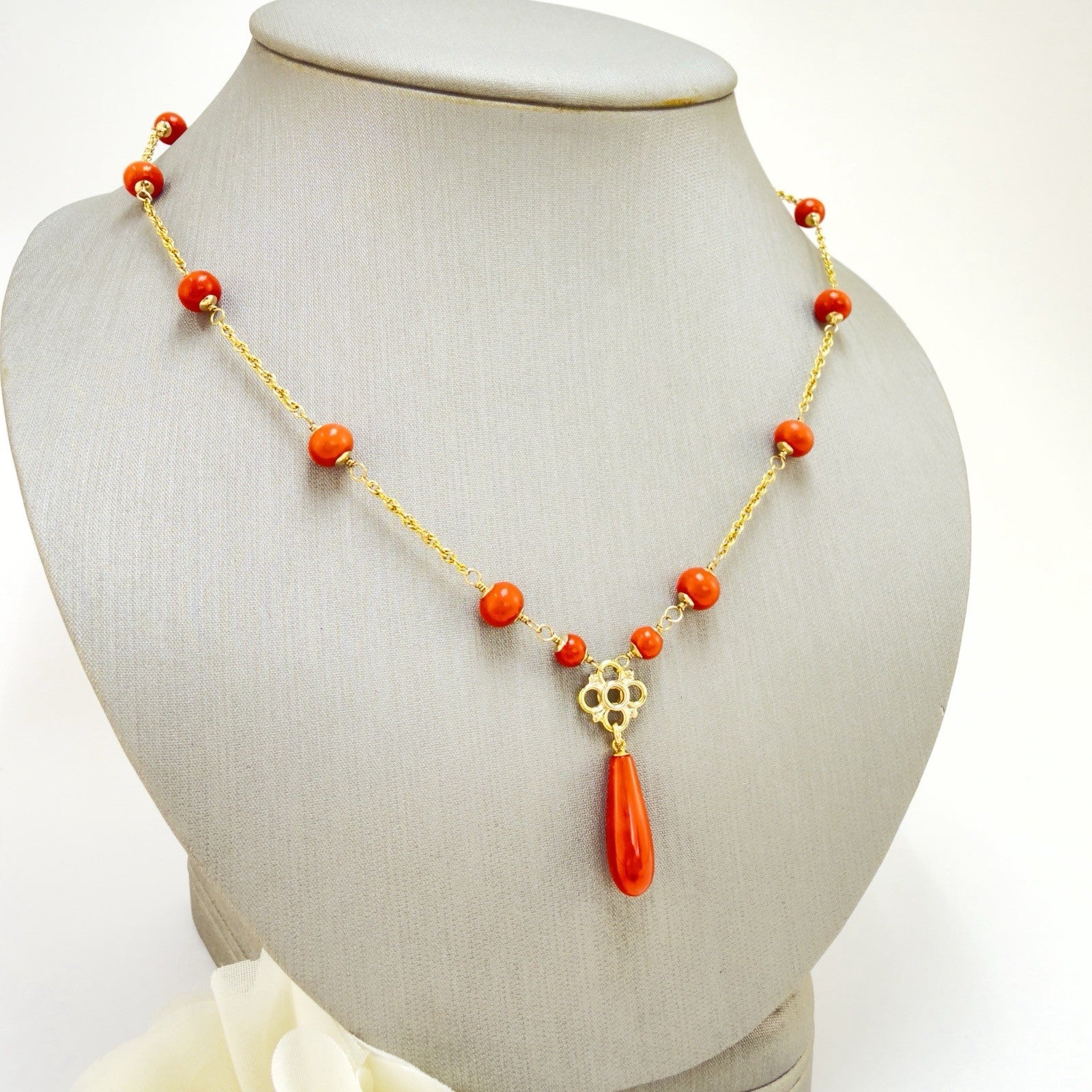 14k Yellow Gold Natural Red Coral Station Necklace w/Drop, 17.5-19" New