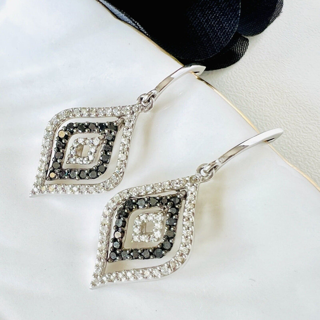 Solid 10k White Gold Genuine Diamond (0.50ctw) Dangle/Drop Earrings, New 1.40"