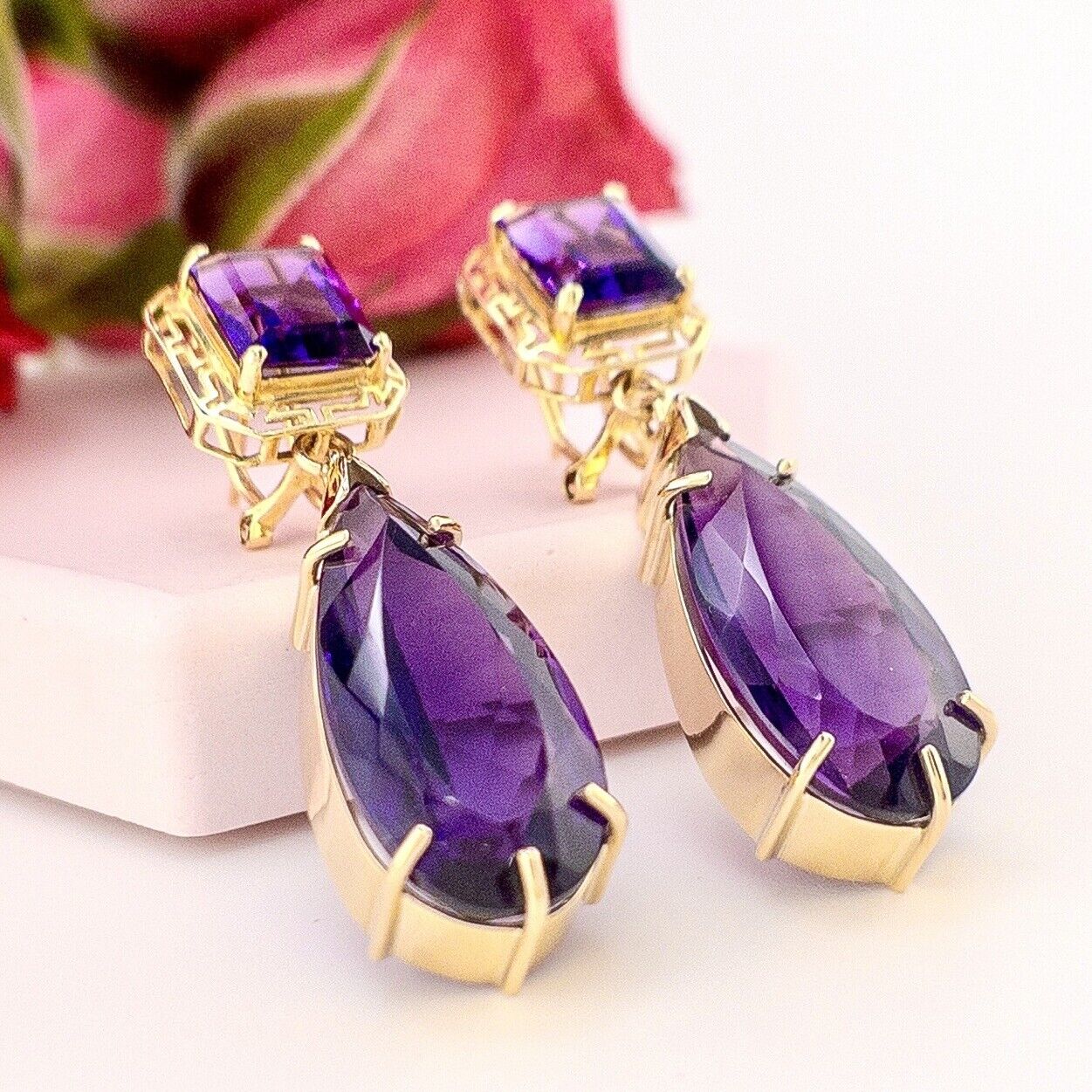 Solid 14k Yellow Gold Genuine Amethyst Omega-Back Dangle/Drop Earrings, 1.8"
