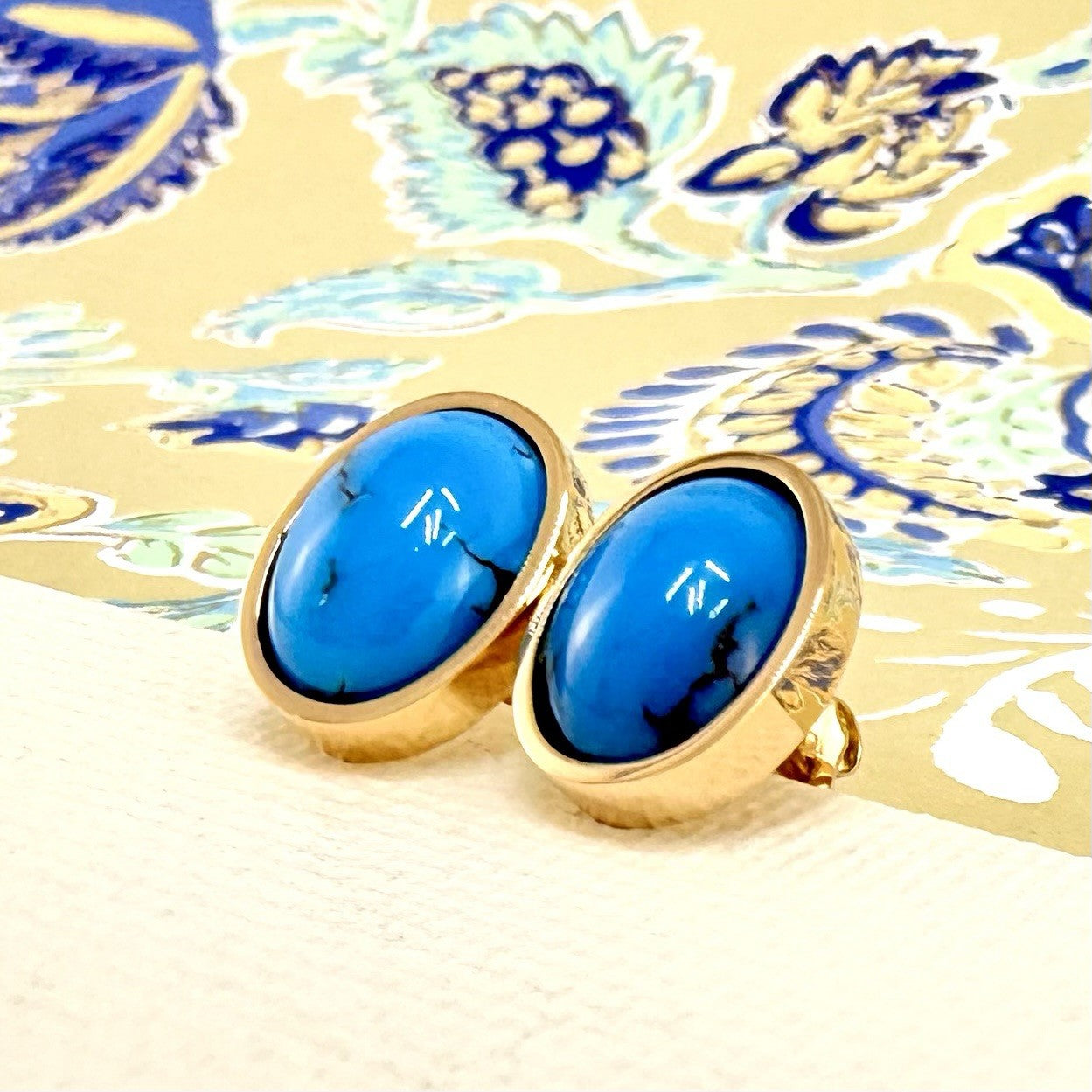 14k Yellow Gold Egyptian Turquoise Custom Made Stud Earrings, New Pair #3